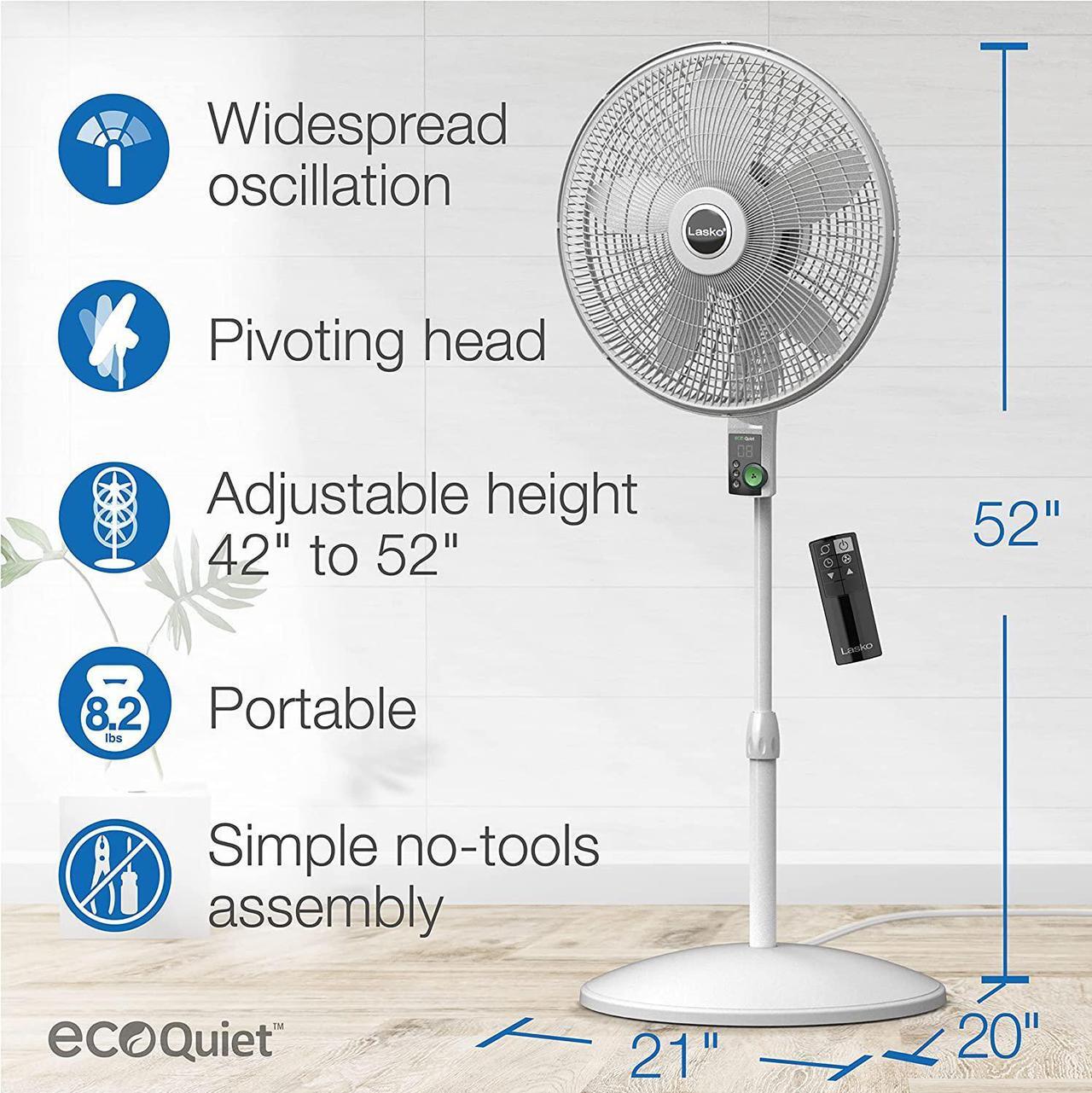 Alt view image 6 of 7 - Lasko Oscillating 18-inch EcoQuiet DC Motor 12-Speed Pedestal Fan with Remote Control, White, S18705