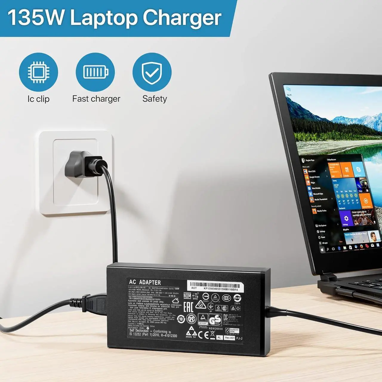 Alt view image 6 of 6 - 135W Charger Fit for Acer Nitro 5 N18C3 AN517-51 AN515-51 52 53 54 55 57 45 N18C4 Series Laptop