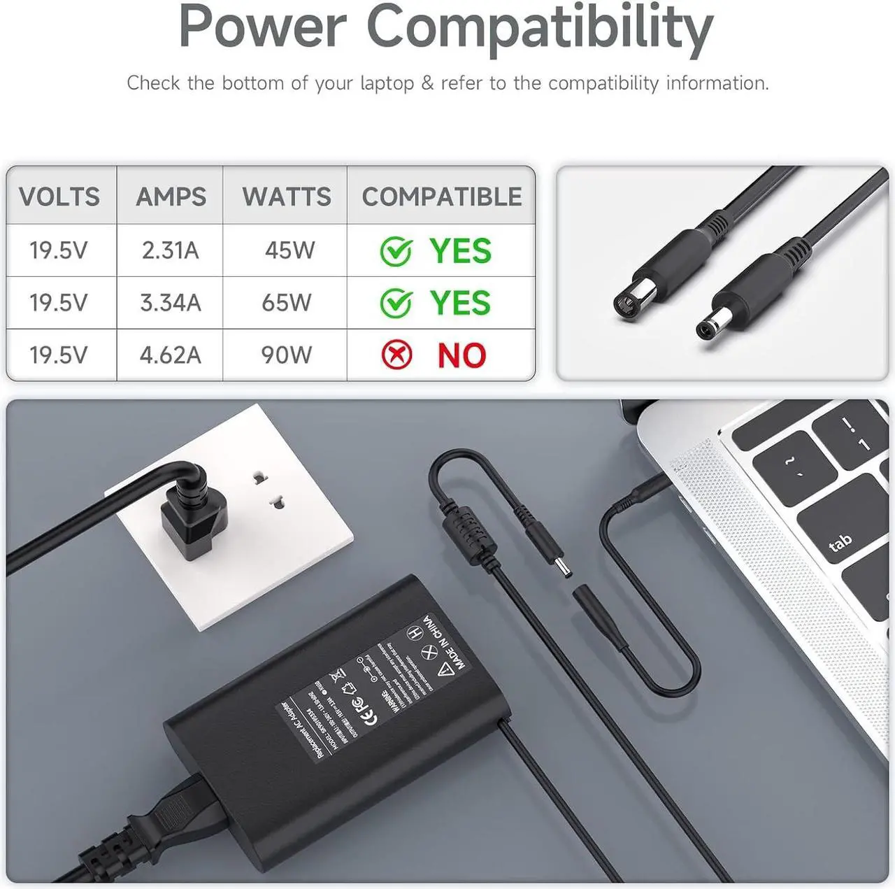 Alt view image 2 of 7 - Dell 65W AC Charger for Dell Inspiron 15-3000 15-5000 15-7000 17-7000 17-5000 17-3000 2 in 1 Series 3501 3511 3583 3593 7573 5758 5755 5558 HA65NS5-00 XPS 9350 9360 la65ns2-01 Charger Laptop Power