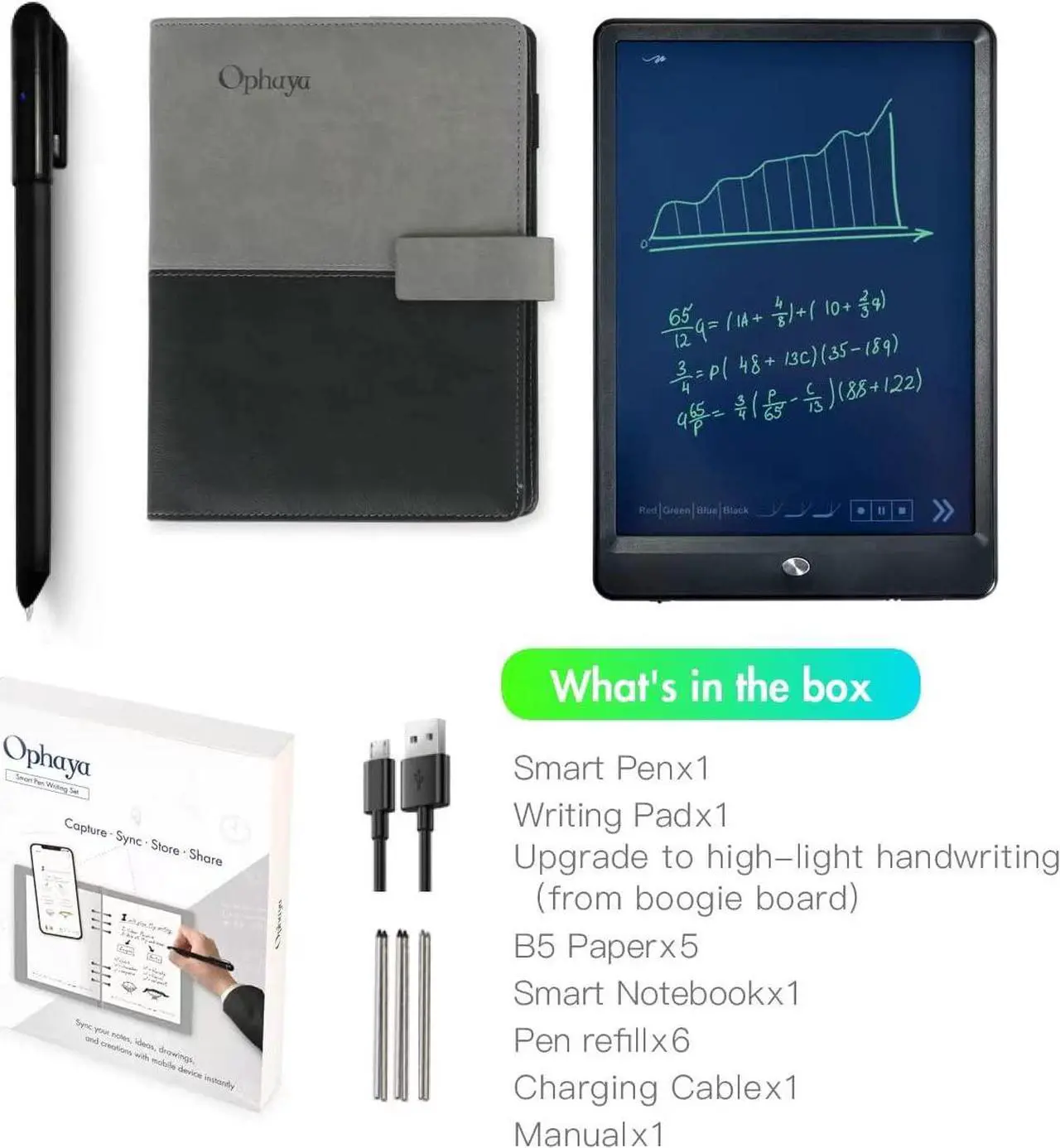 Alt view image 6 of 7 - Ophaya 3 in 1 Digital Pen Smart Pen Writing Set, Includes Smartpen, Smart Notebook & Reusable Writing Tablet, Use with Ophaya App for Notes Taking, Recording, Storing, Compatible with Android and iOS
