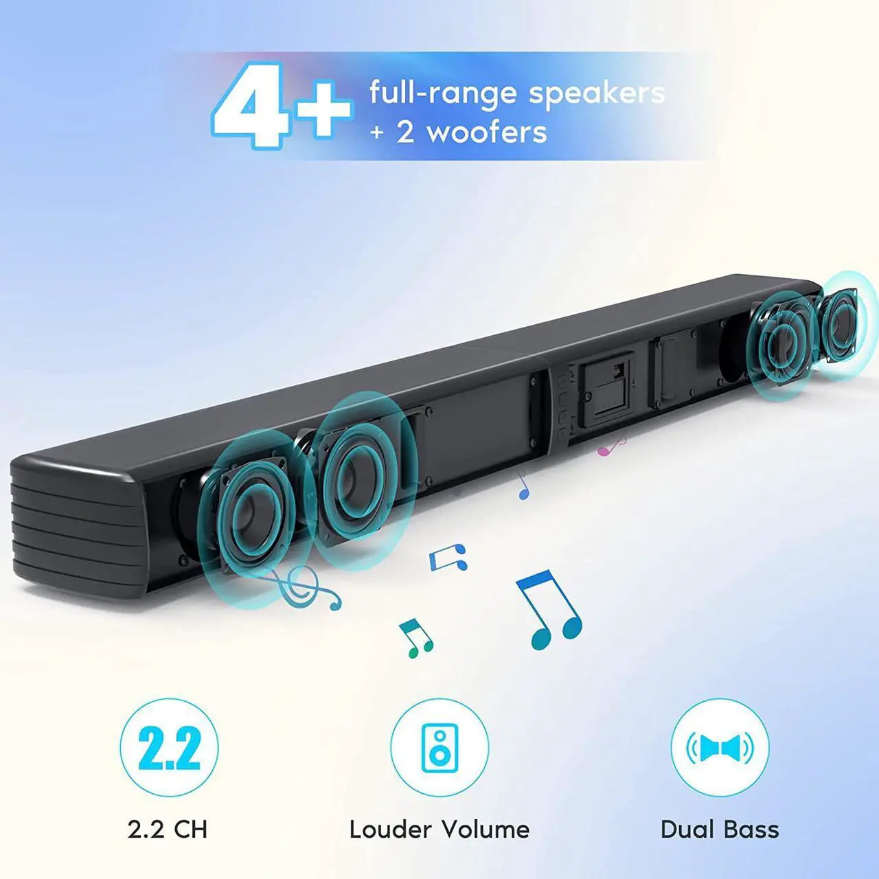 Alt view image 2 of 7 - Sound Bar, Bass Speakers for Smart TV with Dual Subwoofer 3D Surround Sound System, 32 Inch 2.2CH Home Theater Audio Soundbar, HDMI ARC Connection, 2 in 1 Detachable & Wall Mountable