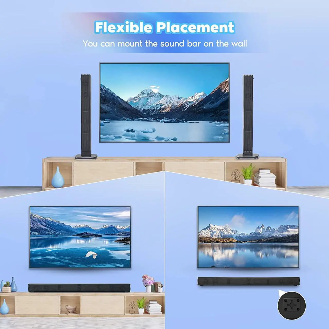 Alt view image 3 of 7 - Sound Bar, Bass Speakers for Smart TV with Dual Subwoofer 3D Surround Sound System, 32 Inch 2.2CH Home Theater Audio Soundbar, HDMI ARC Connection, 2 in 1 Detachable & Wall Mountable