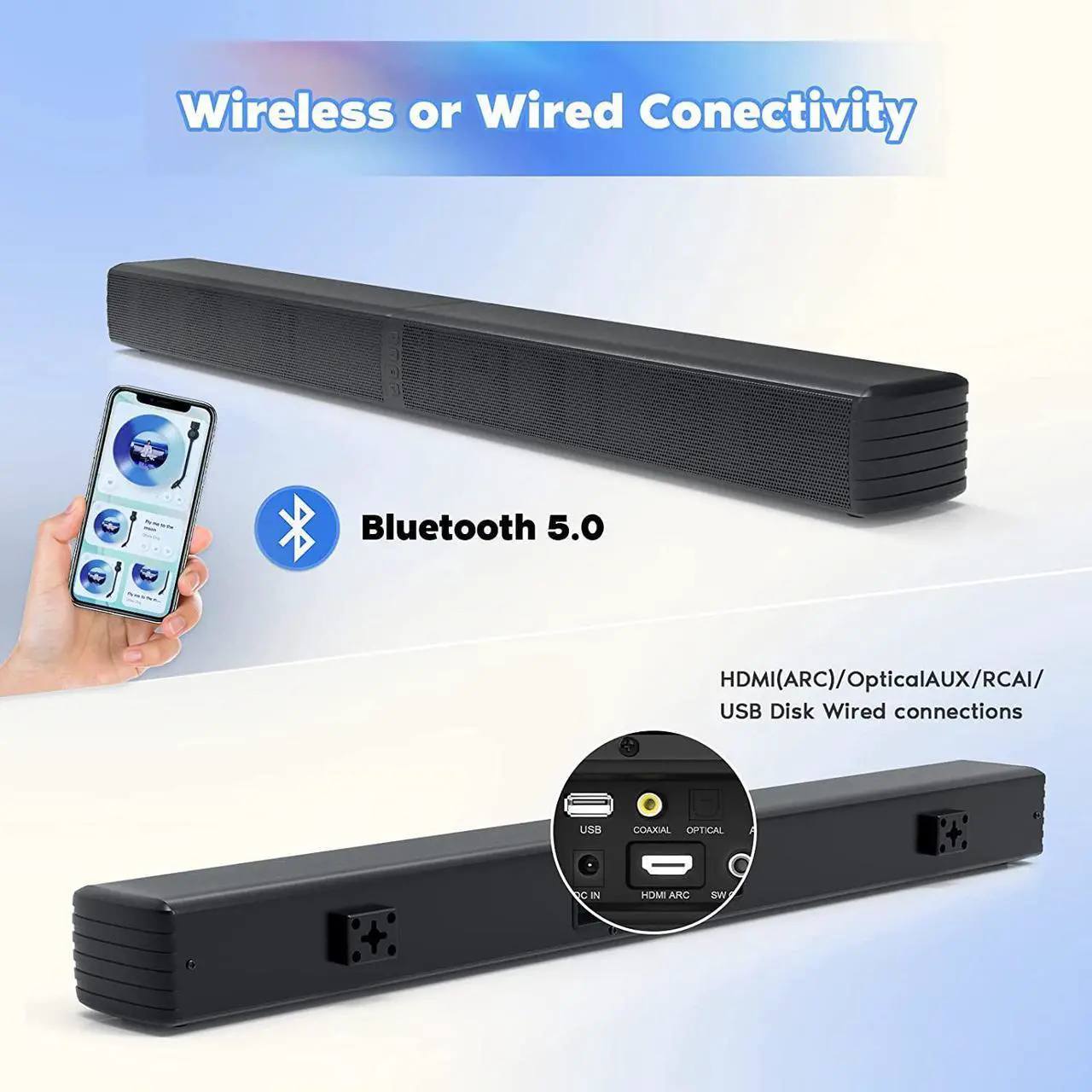 Alt view image 6 of 7 - Sound Bar, Bass Speakers for Smart TV with Dual Subwoofer 3D Surround Sound System, 32 Inch 2.2CH Home Theater Audio Soundbar, HDMI ARC Connection, 2 in 1 Detachable & Wall Mountable
