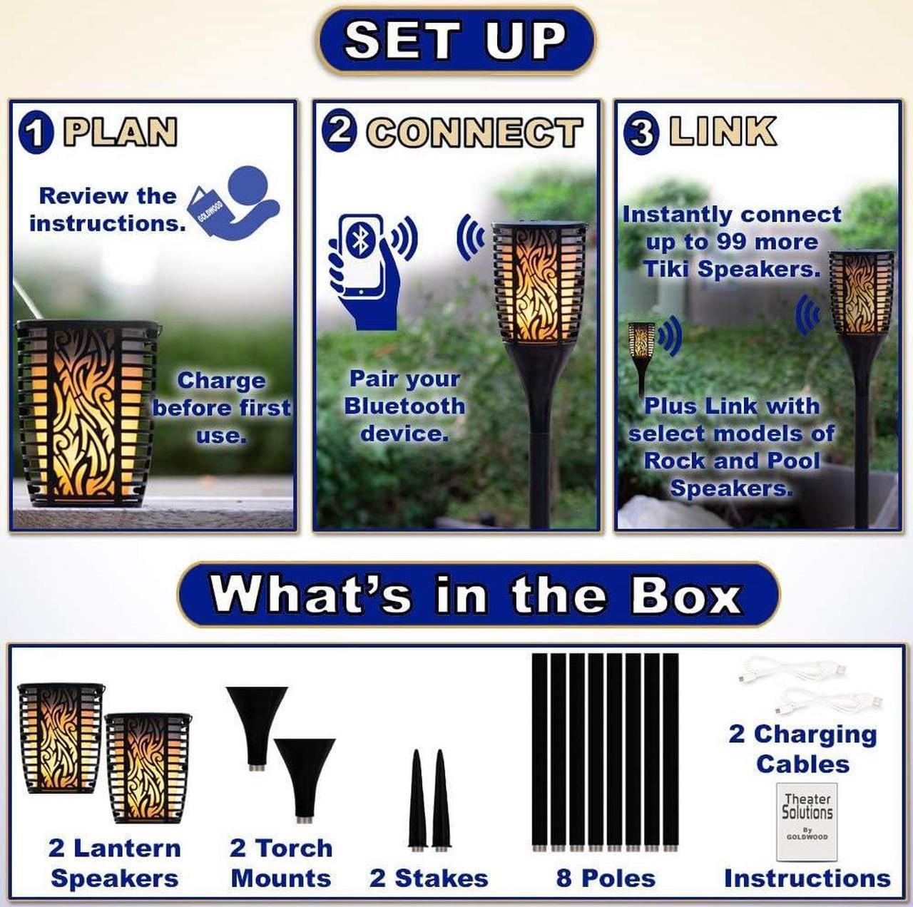Alt view image 5 of 7 - Theater Solutions TT100 Fully Wireless 120 Watt Rechargeable Battery Bluetooth Tiki Torch Speaker 2 Pack Lanterns Link Up to 99 Speakers Wirelessly, Black