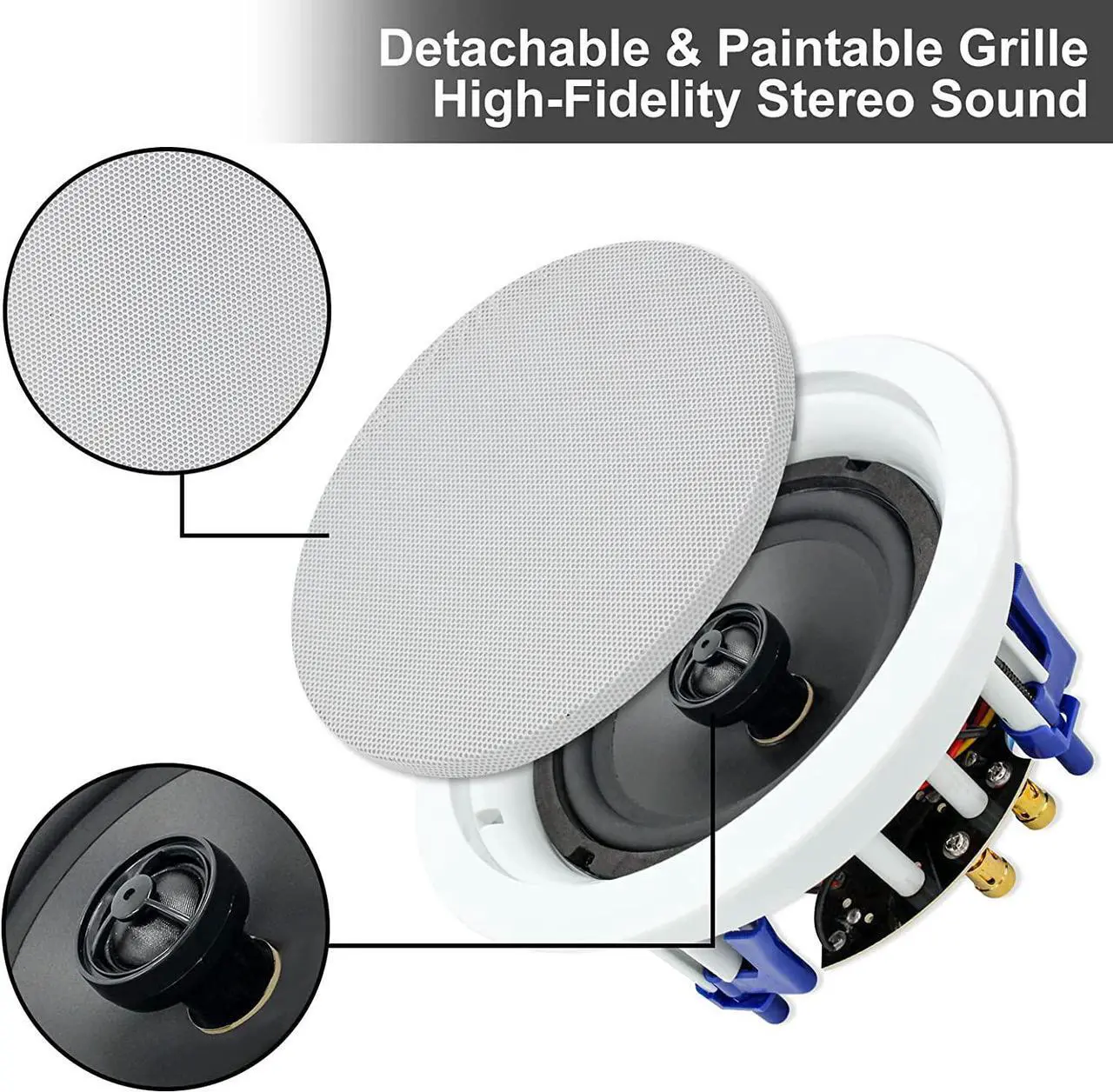 Alt view image 3 of 7 - Herdio Ceiling Speakers 6.5 Inch, 320W 2-Way Round Flush Mount Speakers, Premium Stereo Sound, Easy to Install, Perfect for Home Theater Living Room Bathroom Office, (White, Pair)