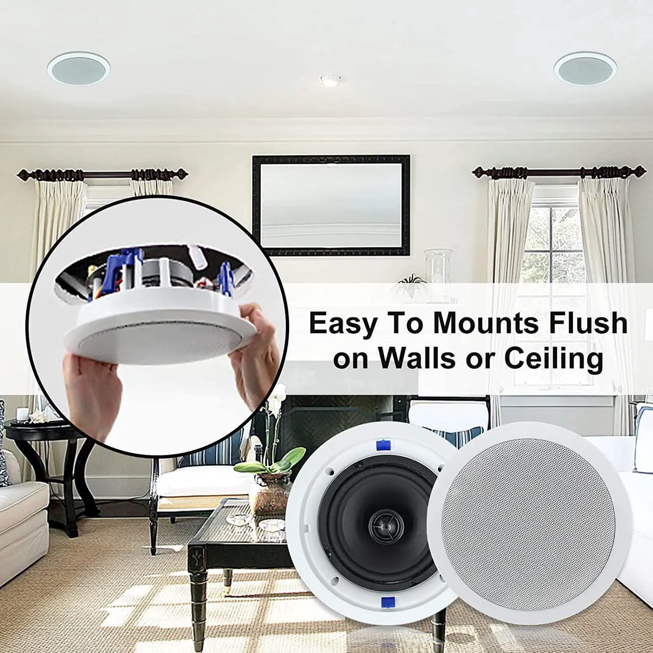 Alt view image 4 of 7 - Herdio Ceiling Speakers 6.5 Inch, 320W 2-Way Round Flush Mount Speakers, Premium Stereo Sound, Easy to Install, Perfect for Home Theater Living Room Bathroom Office, (White, Pair)