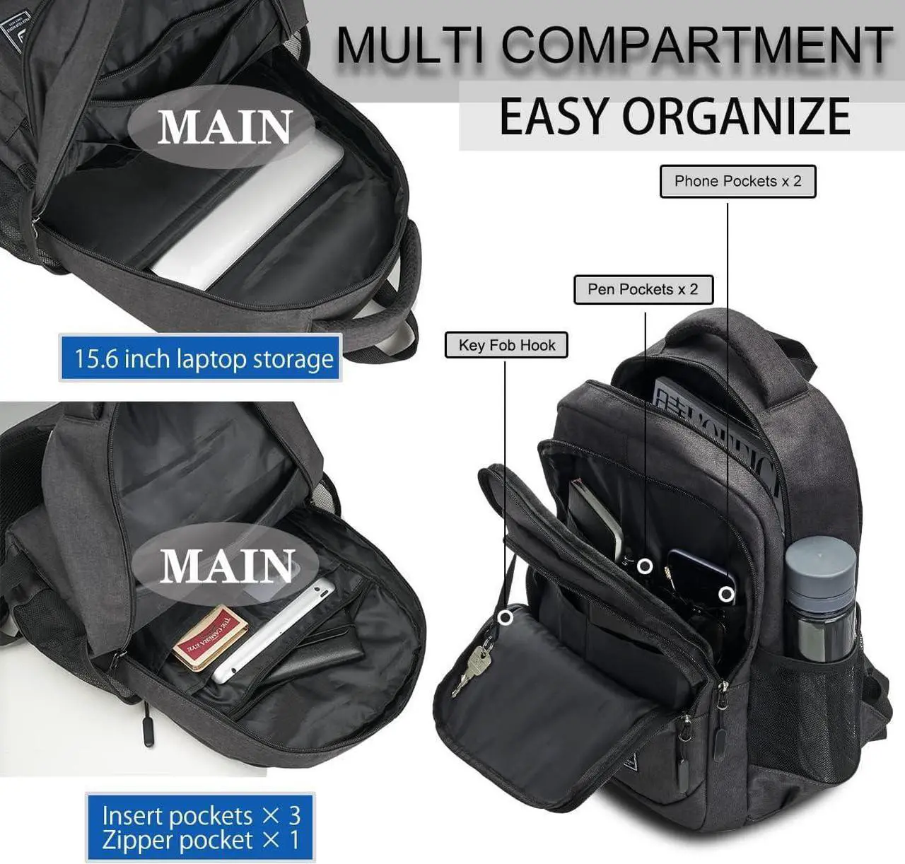 Alt view image 2 of 7 - Laptop Backpack for Men Travel Backpack Water-Resistant 15.6 Inch Computer Backpack Work Business Black