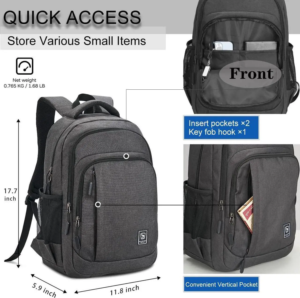 Alt view image 4 of 7 - Laptop Backpack for Men Travel Backpack Water-Resistant 15.6 Inch Computer Backpack Work Business Black