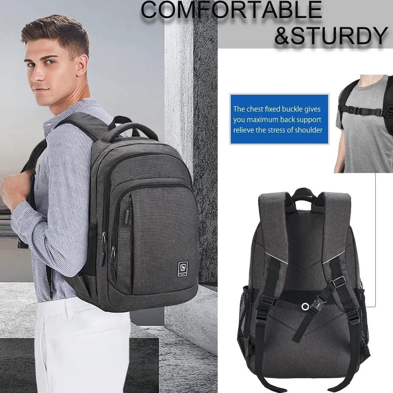 Alt view image 5 of 7 - Laptop Backpack for Men Travel Backpack Water-Resistant 15.6 Inch Computer Backpack Work Business Black