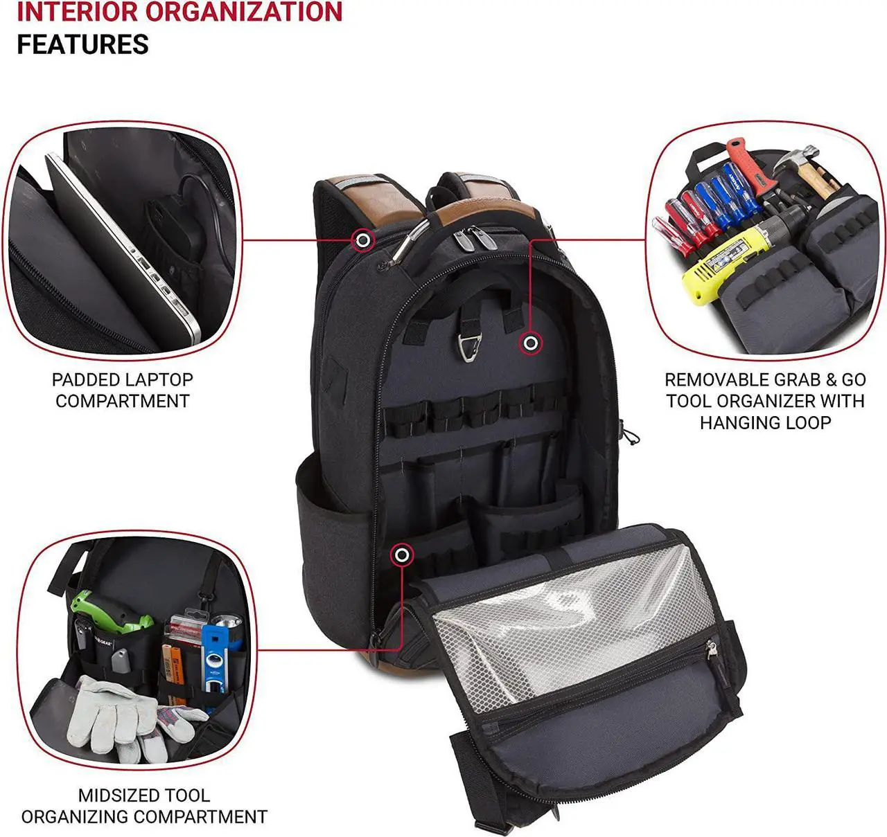 Alt view image 5 of 7 - SwissGear Tool Bag Backpack, Fits Up to 17-Inch Laptop, Work Pack PRO, Black/Brown Canvas