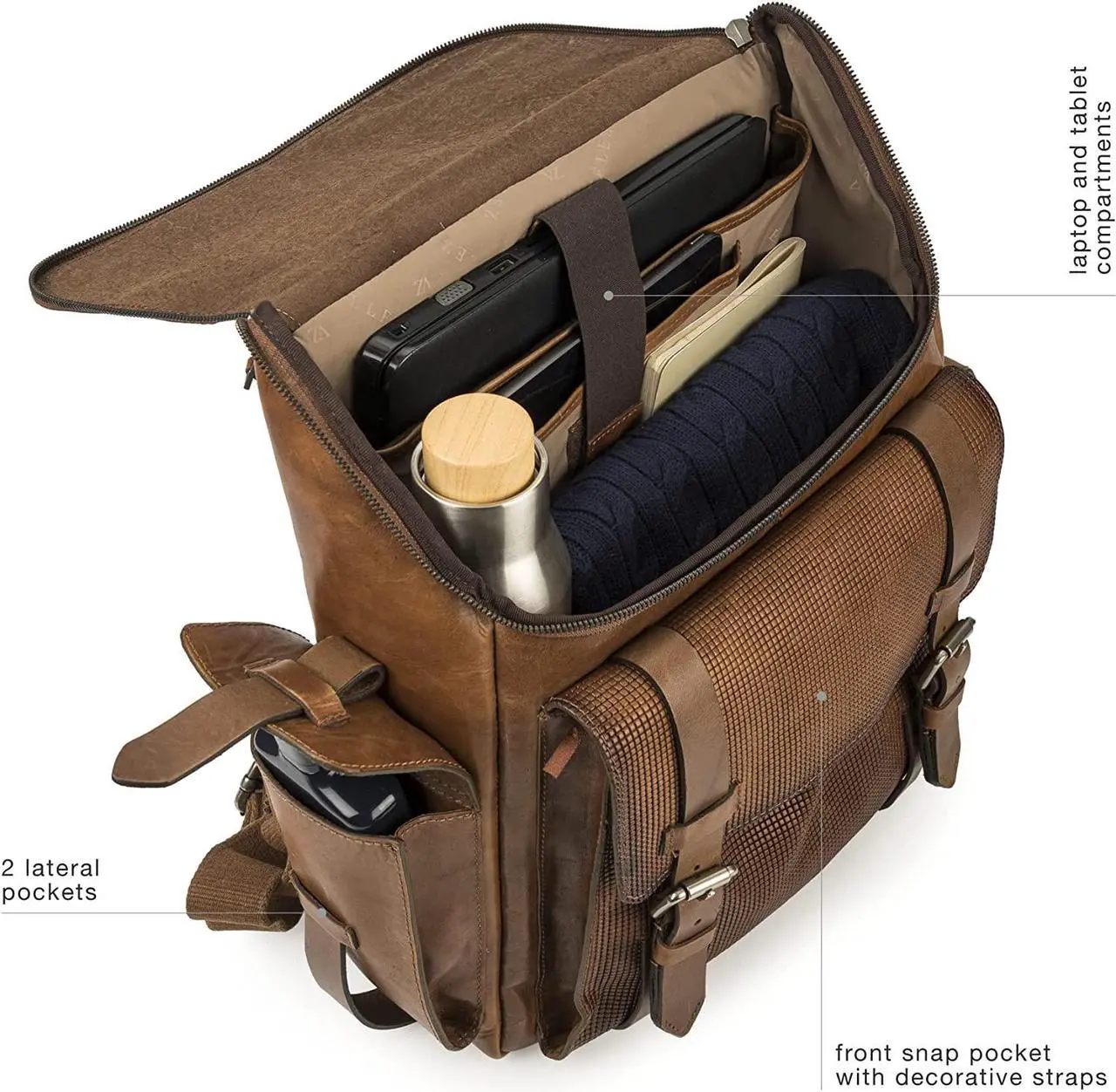 Alt view image 5 of 7 - VELEZ Full Grain Leather Backpack for Men - 15 Inch Laptop Bag - Vintage Travel Rucksack - Casual Daypack for Women