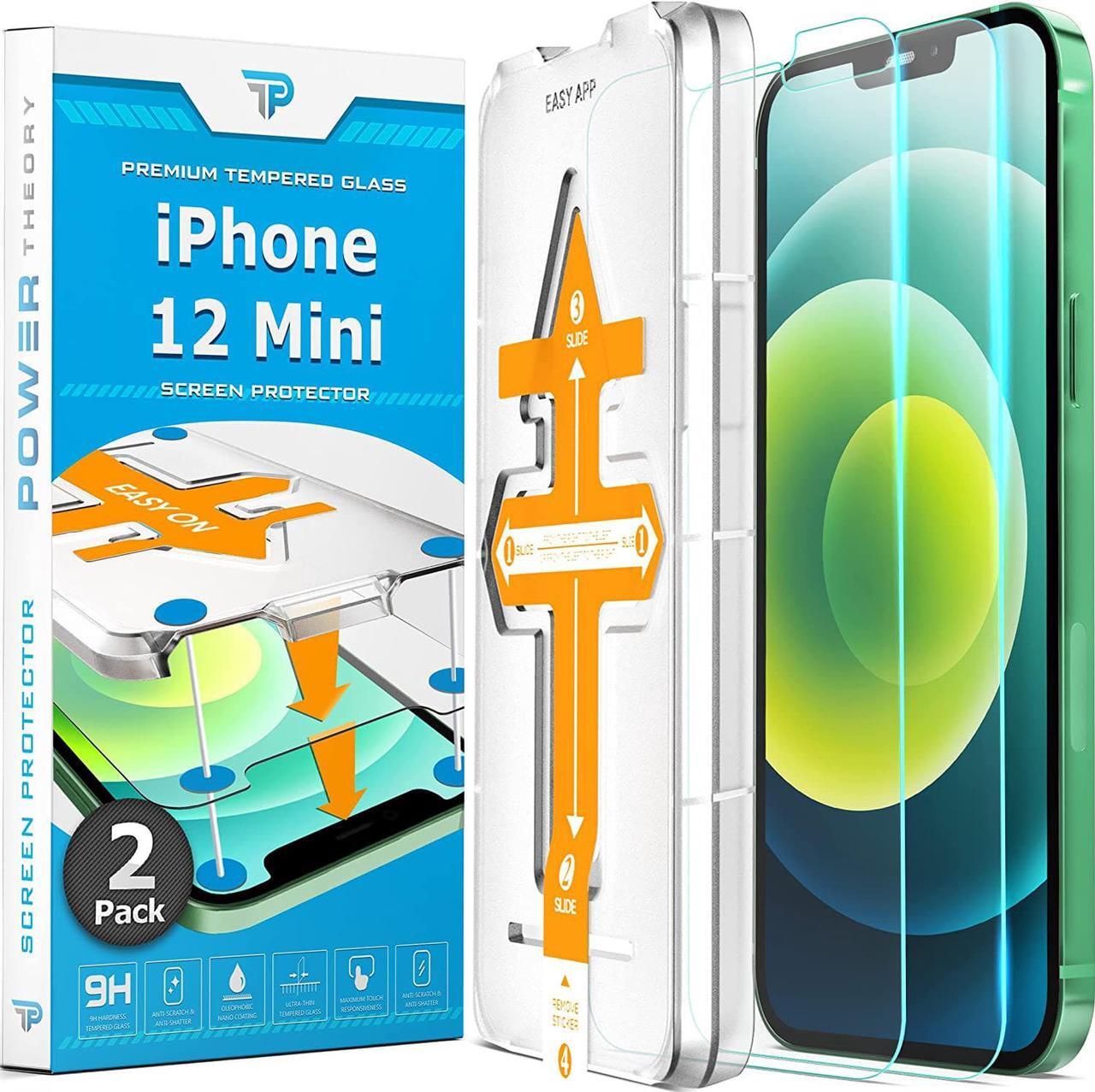 Main image of Power Theory 2-Pack Screen Protector for iPhone 12 Mini Premium Shatter Resistant Tempered Glass [9H Hardness], Easy Install Kit, 99.99% HD Clear, Bubble Free, Case Friendly, Anti-Scratch, Anti-Smudge