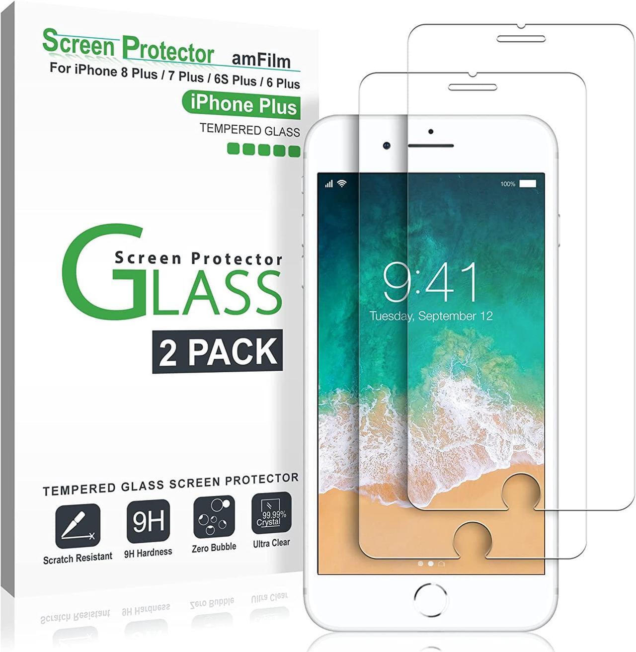 Main image of amFilm Screen Protector for Apple iPhone 8 Plus, 7 Plus, 6S Plus, 6 Plus, Tempered Glass, 2 Pack