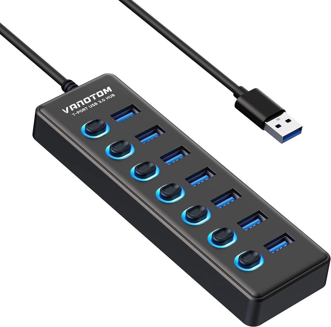 USB 3.0 Hub, 7-Port USB Hub Splitter with LED Individual On/Off Switches and 3ft Extended Long Cable for Laptop, MacBook, Surface Pro, PS4/5, Flash Drive, HDD