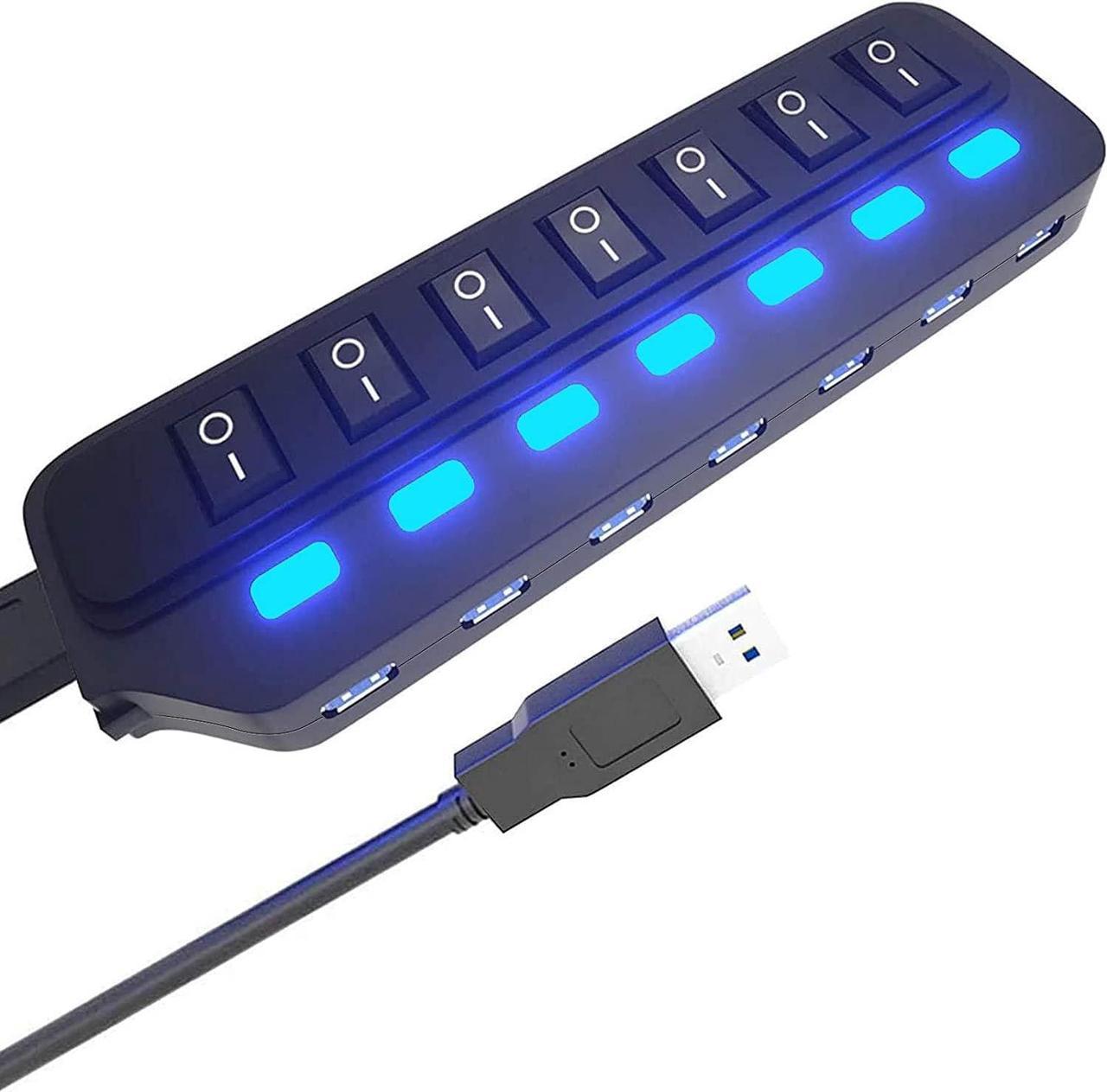 USB Hub 3.0 Splitter,7 Port USB Data Hub with Individual On/Off Switches and Lights for Laptop, PC, Computer, Mobile HDD, Flash Drive and More