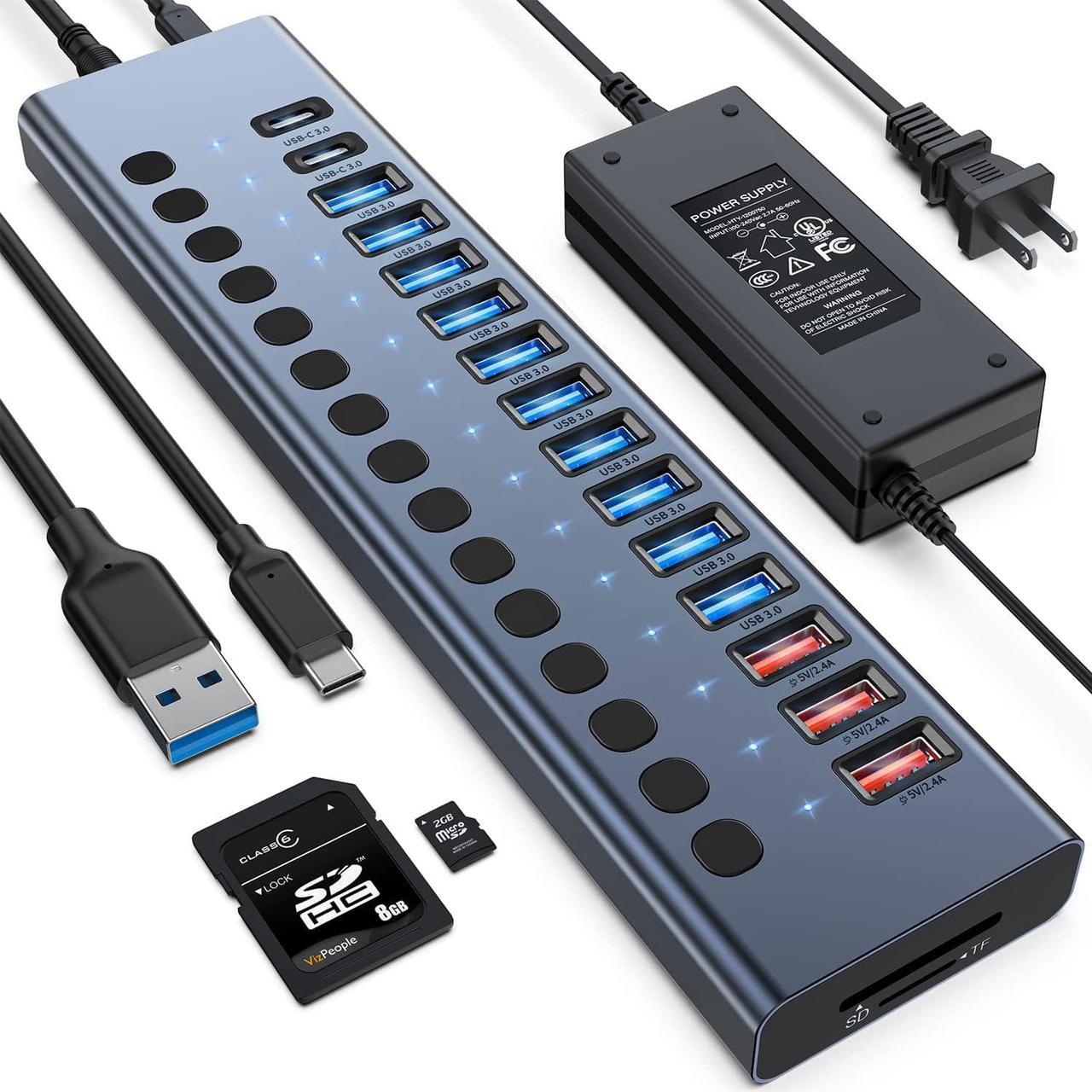 Main image of Powered USB Hub, VANGREE 17-Port 90W USB 3.0 Splitter (10 USB 3.0 Ports+3 2.4A Charging Ports+2 USB-C 3.0 Ports+SD/TF Card Reader), Individual On/Off Switches, 12V/7.5A Power Adapter for Laptop, PC