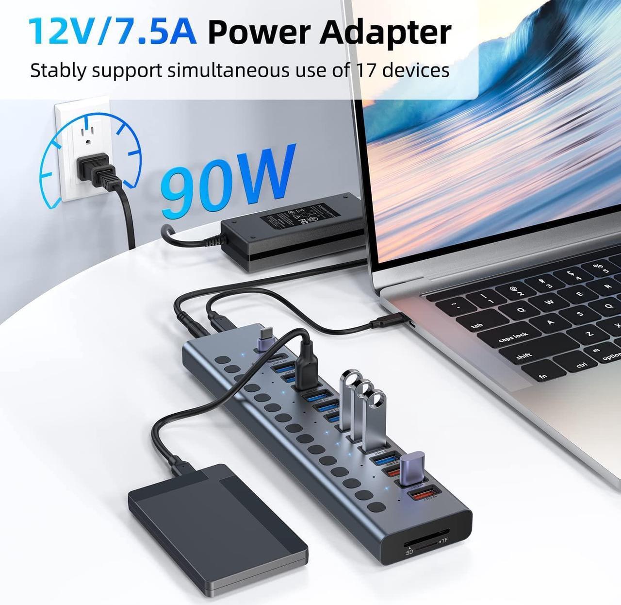 Alt view image 4 of 7 - Powered USB Hub, VANGREE 17-Port 90W USB 3.0 Splitter (10 USB 3.0 Ports+3 2.4A Charging Ports+2 USB-C 3.0 Ports+SD/TF Card Reader), Individual On/Off Switches, 12V/7.5A Power Adapter for Laptop, PC