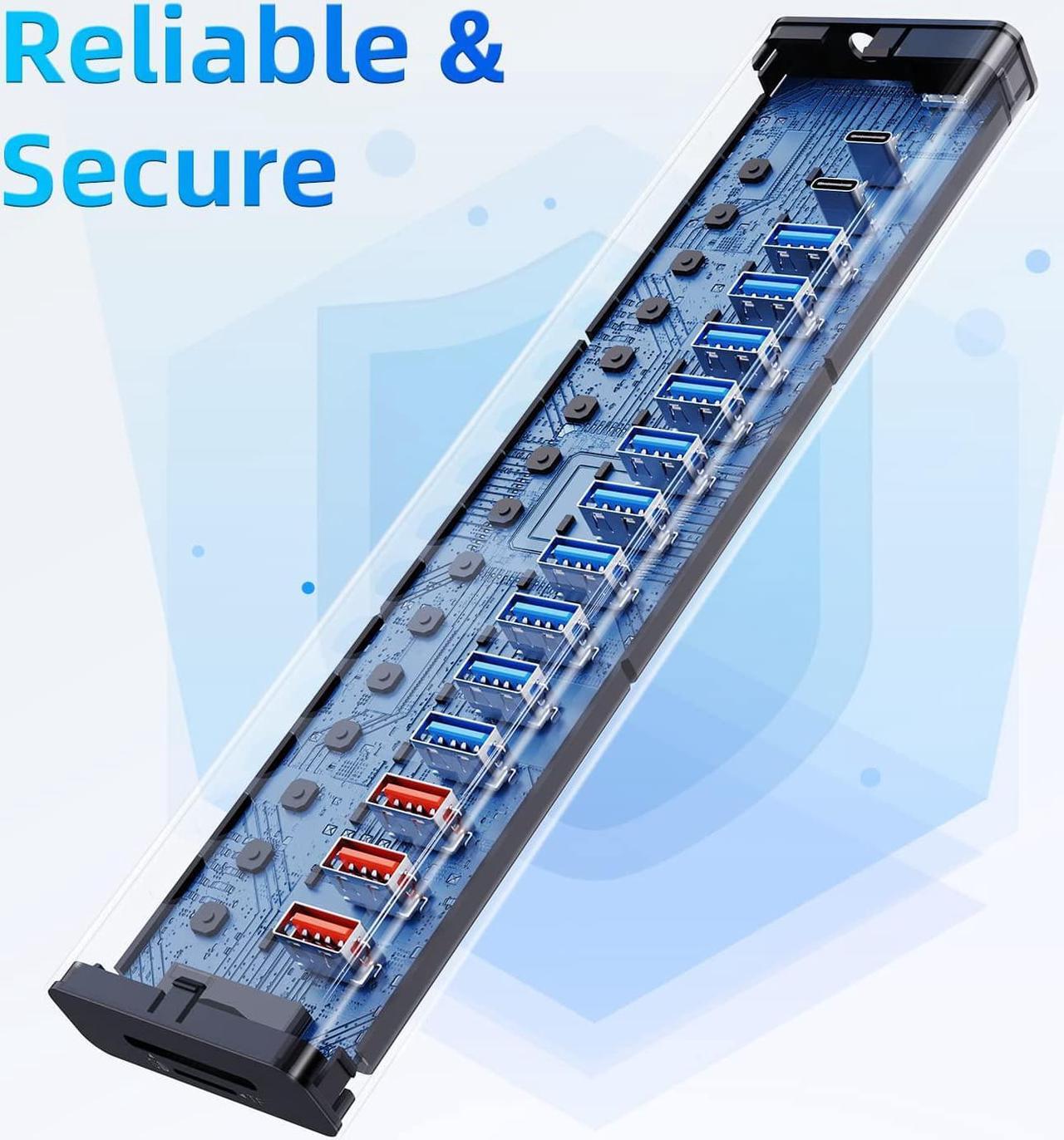 Alt view image 6 of 7 - Powered USB Hub, VANGREE 17-Port 90W USB 3.0 Splitter (10 USB 3.0 Ports+3 2.4A Charging Ports+2 USB-C 3.0 Ports+SD/TF Card Reader), Individual On/Off Switches, 12V/7.5A Power Adapter for Laptop, PC