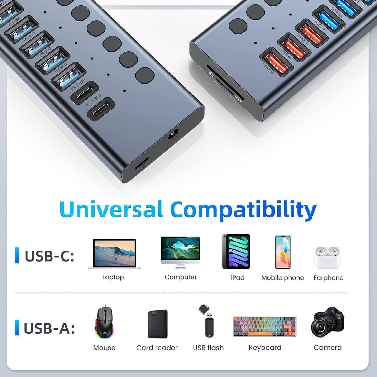 Alt view image 7 of 7 - Powered USB Hub, VANGREE 17-Port 90W USB 3.0 Splitter (10 USB 3.0 Ports+3 2.4A Charging Ports+2 USB-C 3.0 Ports+SD/TF Card Reader), Individual On/Off Switches, 12V/7.5A Power Adapter for Laptop, PC
