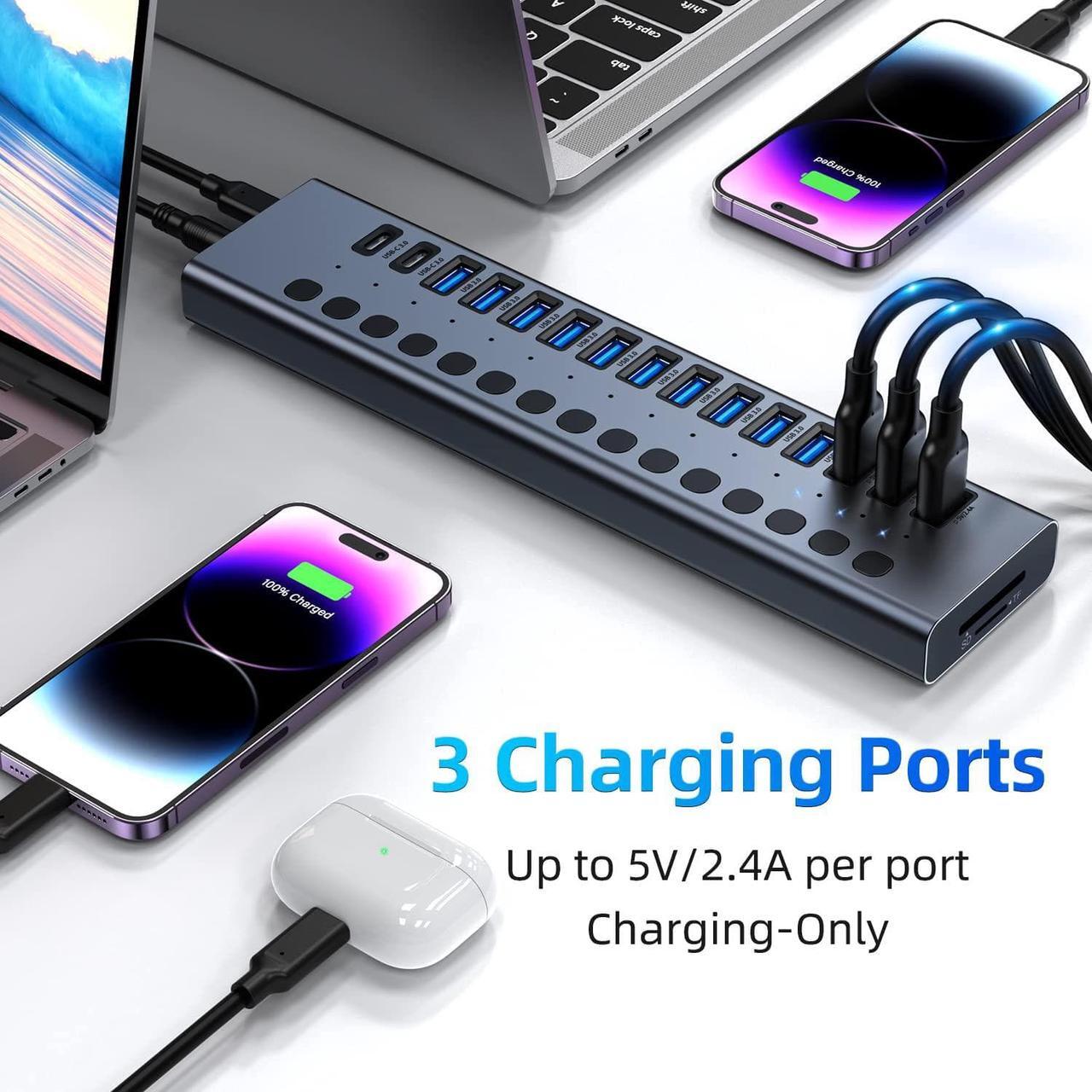 Alt view image 3 of 7 - Powered USB Hub, VANGREE 17-Port 90W USB 3.0 Splitter (10 USB 3.0 Ports+3 2.4A Charging Ports+2 USB-C 3.0 Ports+SD/TF Card Reader), Individual On/Off Switches, 12V/7.5A Power Adapter for Laptop, PC