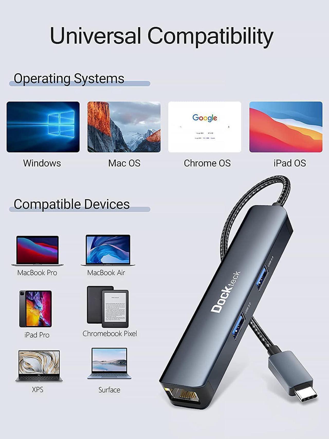Alt view image 7 of 7 - USB C Hub Ethernet,  5-in-1 USB-C Hub Multiport Adapter with USB C to 4K HDMI,1Gbps LAN, 3 USB 3.0, for MacBook Air/Pro, iPad Air/Pro, Surface Pro, XPS and More