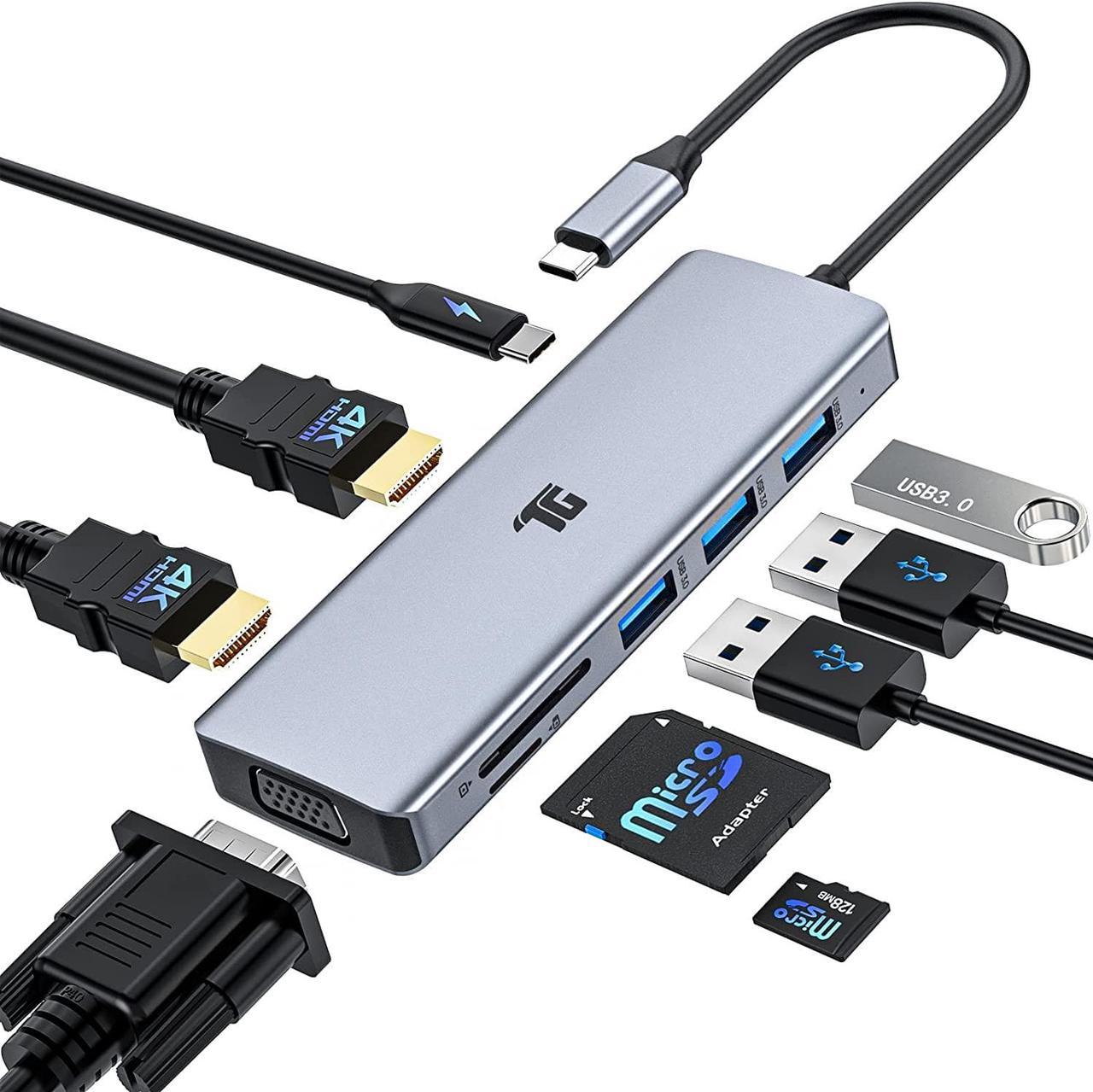 USB C Hub, Tiergrade 9 In 1 Triple Display Collage Display Laptop Docking Station with 2 4K HDMI, VGA, PD, USB 3.0 and TF/SD Card Reader, USB C Dock for MacBook/Dell/HP/Lenovo and Other Type-C Laptops