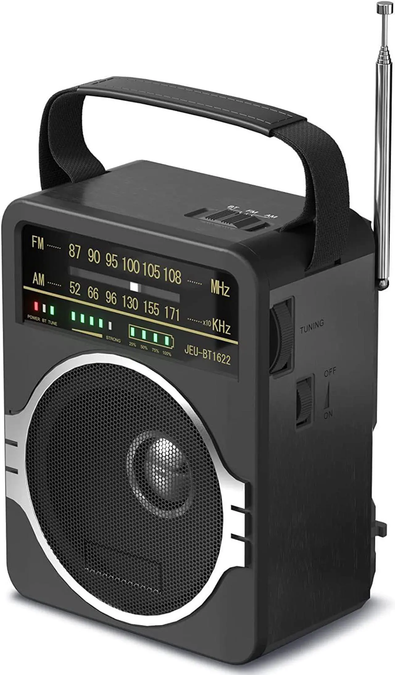Main image of Portable AM FM Radio, Bluetooth 5.0 Radios 5 Watts Loud Speaker,FM Radio Built-in Rechargeable Battery/DC D*4 Cell Battery Operated & AC Power Plug in Wall Black