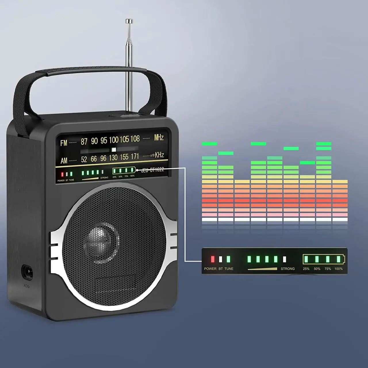 Alt view image 5 of 7 - Portable AM FM Radio, Bluetooth 5.0 Radios 5 Watts Loud Speaker,FM Radio Built-in Rechargeable Battery/DC D*4 Cell Battery Operated & AC Power Plug in Wall Black