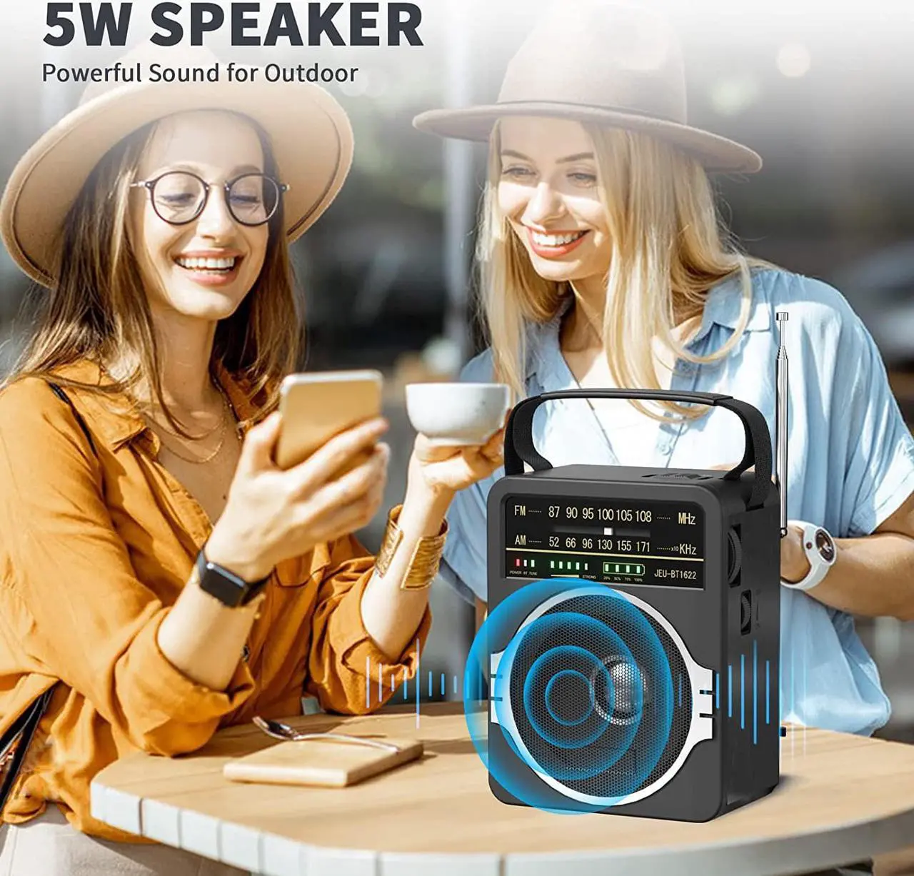 Alt view image 6 of 7 - Portable AM FM Radio, Bluetooth 5.0 Radios 5 Watts Loud Speaker,FM Radio Built-in Rechargeable Battery/DC D*4 Cell Battery Operated & AC Power Plug in Wall Black
