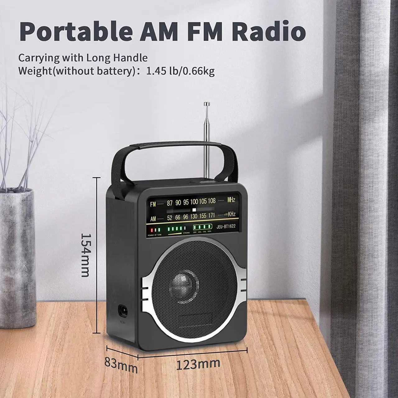 Alt view image 7 of 7 - Portable AM FM Radio, Bluetooth 5.0 Radios 5 Watts Loud Speaker,FM Radio Built-in Rechargeable Battery/DC D*4 Cell Battery Operated & AC Power Plug in Wall Black