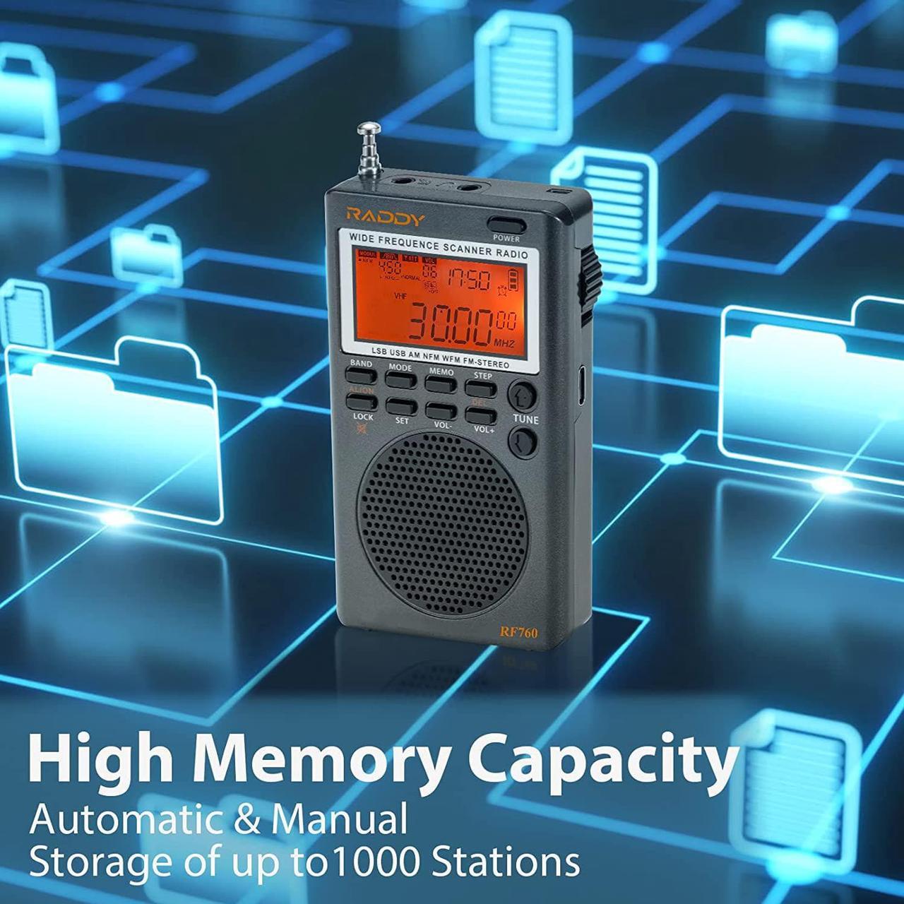 Alt view image 3 of 7 - Raddy RF760 Portable SSB Shortwave Radio Receiver with NOAA Alert, Full Band AM/FM/SW/CB/VHF/UHF/WX/AIR, Battery Operated, Rechargeable Digital Radio with Earphone Jack and 9.7ft Wire Antenna
