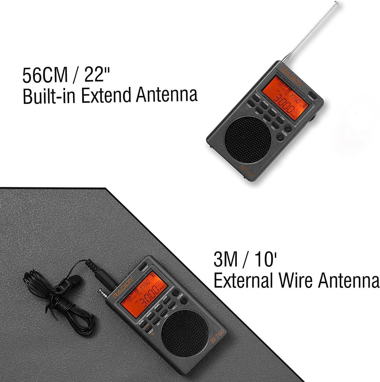 Alt view image 7 of 7 - Raddy RF760 Portable SSB Shortwave Radio Receiver with NOAA Alert, Full Band AM/FM/SW/CB/VHF/UHF/WX/AIR, Battery Operated, Rechargeable Digital Radio with Earphone Jack and 9.7ft Wire Antenna