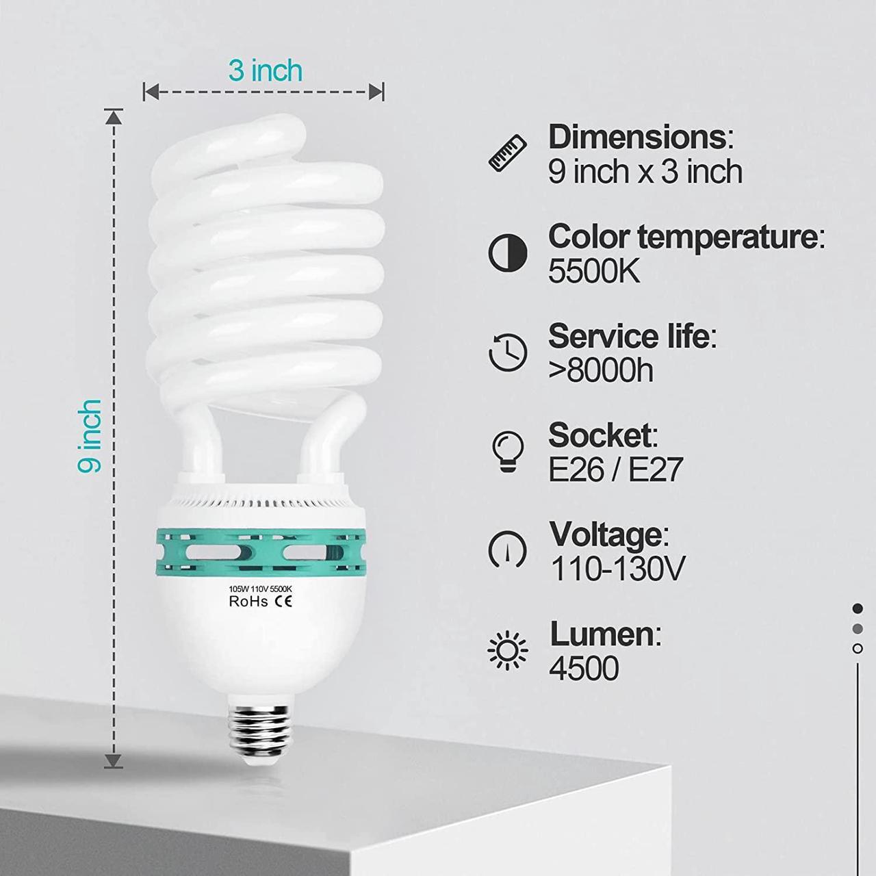 Alt view image 2 of 7 - EMART Photography Light Bulbs, 105W 5500K Super Bright Daylight CFL 110/120V E26/E27, Softbox Umbrella Fluorescent Replacement Bulb for Studio Photo Video Lighting, Full Spectrum Plant Grow Lightbulb