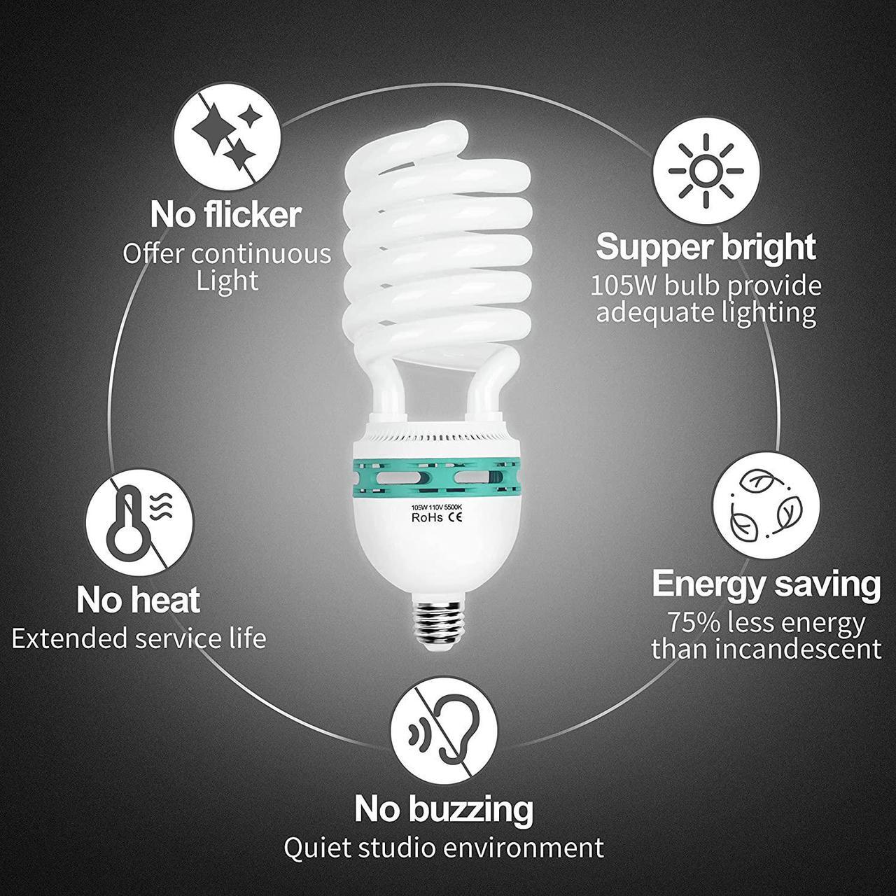 Alt view image 5 of 7 - EMART Photography Light Bulbs, 105W 5500K Super Bright Daylight CFL 110/120V E26/E27, Softbox Umbrella Fluorescent Replacement Bulb for Studio Photo Video Lighting, Full Spectrum Plant Grow Lightbulb