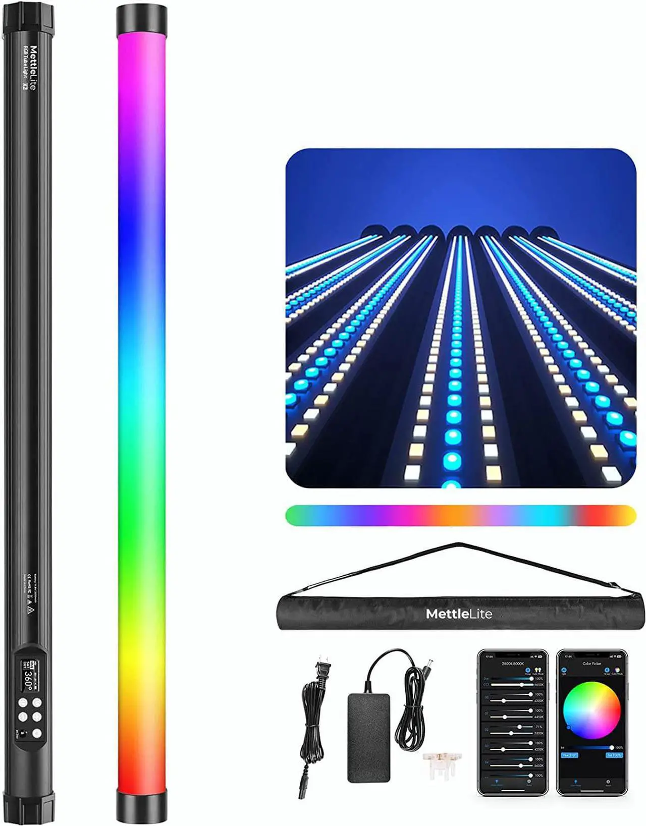 Main image of Mettlelite TLX2 RGB Tube Light LED Full Color Portable Video Light with APP DMX Control 2 ft 2800K-8000K CRI96 TLCI97 360° RGB CCT HSI Mode 10 Customizable Light Effects Built in Rechargeable Battery