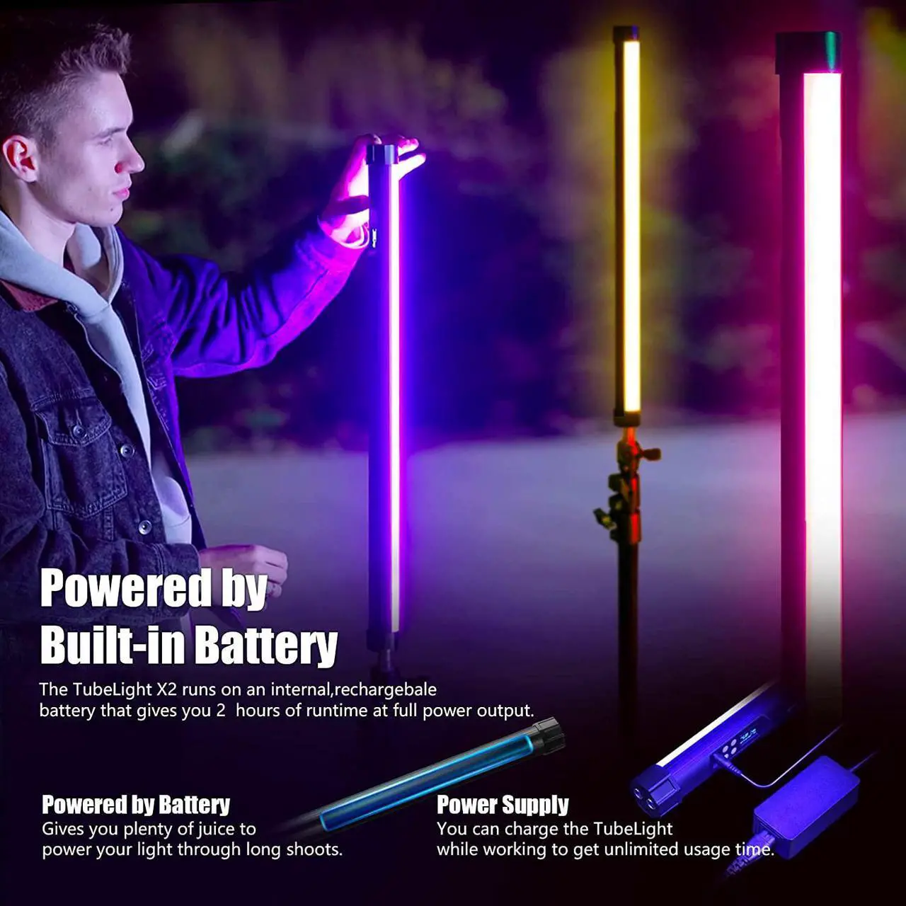 Alt view image 4 of 5 - Mettlelite TLX2 RGB Tube Light LED Full Color Portable Video Light with APP DMX Control 2 ft 2800K-8000K CRI96 TLCI97 360° RGB CCT HSI Mode 10 Customizable Light Effects Built in Rechargeable Battery