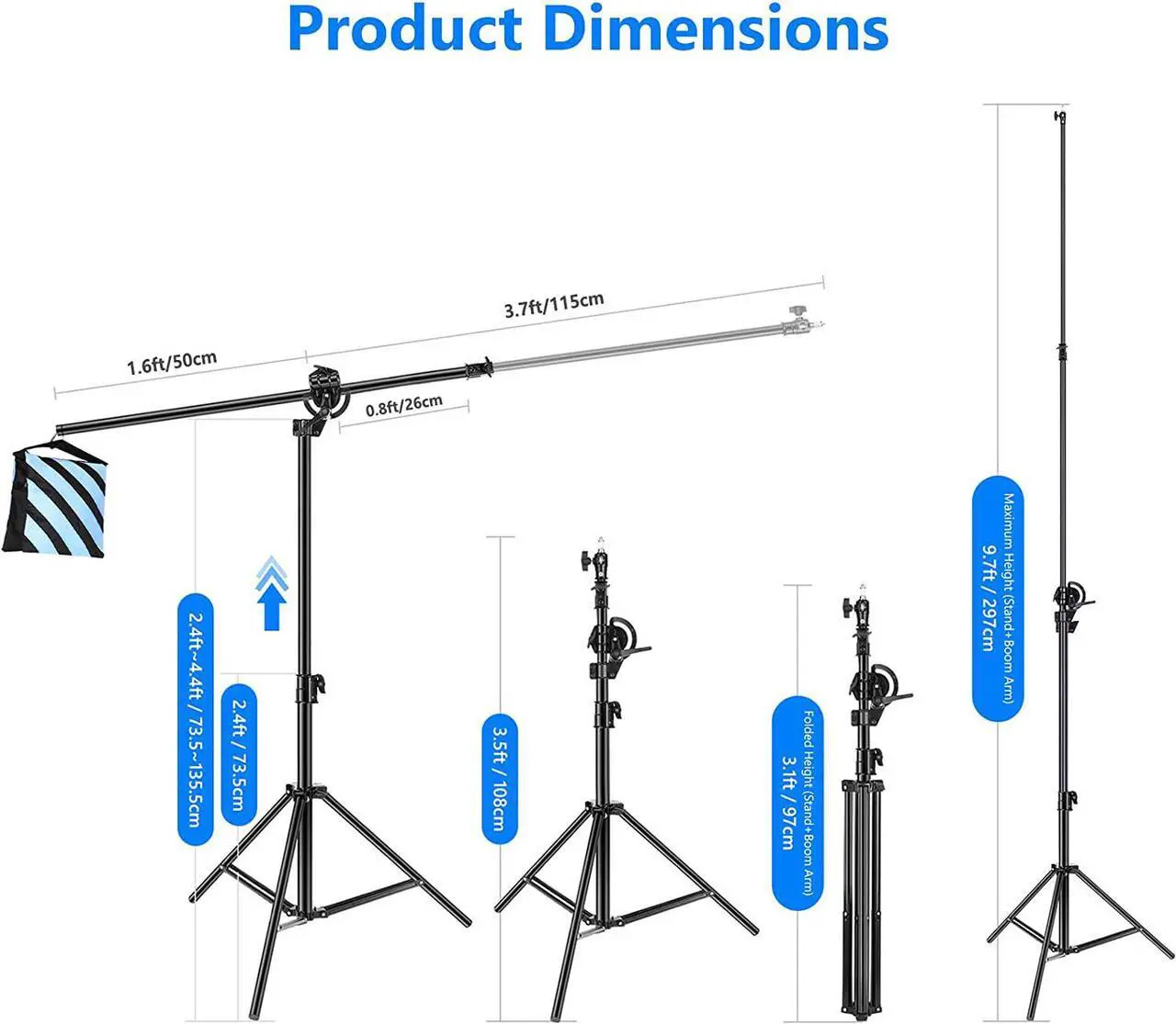 Alt view image 2 of 7 - Neewer 2-in-1 Photography Light Stand, Aluminum Alloy 9.7ft Heavy Duty Tripod Stand with 3.8ft Boom Arm and Empty Sandbag for Video Light, Strobe, Reflector, Softbox for Studio Photo Video Shooting