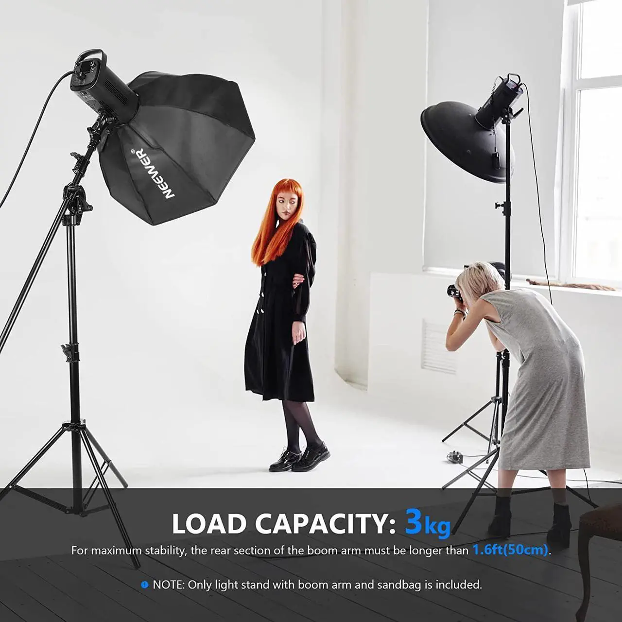 Alt view image 7 of 7 - Neewer 2-in-1 Photography Light Stand, Aluminum Alloy 9.7ft Heavy Duty Tripod Stand with 3.8ft Boom Arm and Empty Sandbag for Video Light, Strobe, Reflector, Softbox for Studio Photo Video Shooting