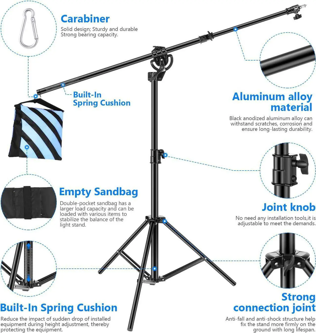 Alt view image 6 of 7 - Neewer 2-in-1 Photography Light Stand, Aluminum Alloy 9.7ft Heavy Duty Tripod Stand with 3.8ft Boom Arm and Empty Sandbag for Video Light, Strobe, Reflector, Softbox for Studio Photo Video Shooting