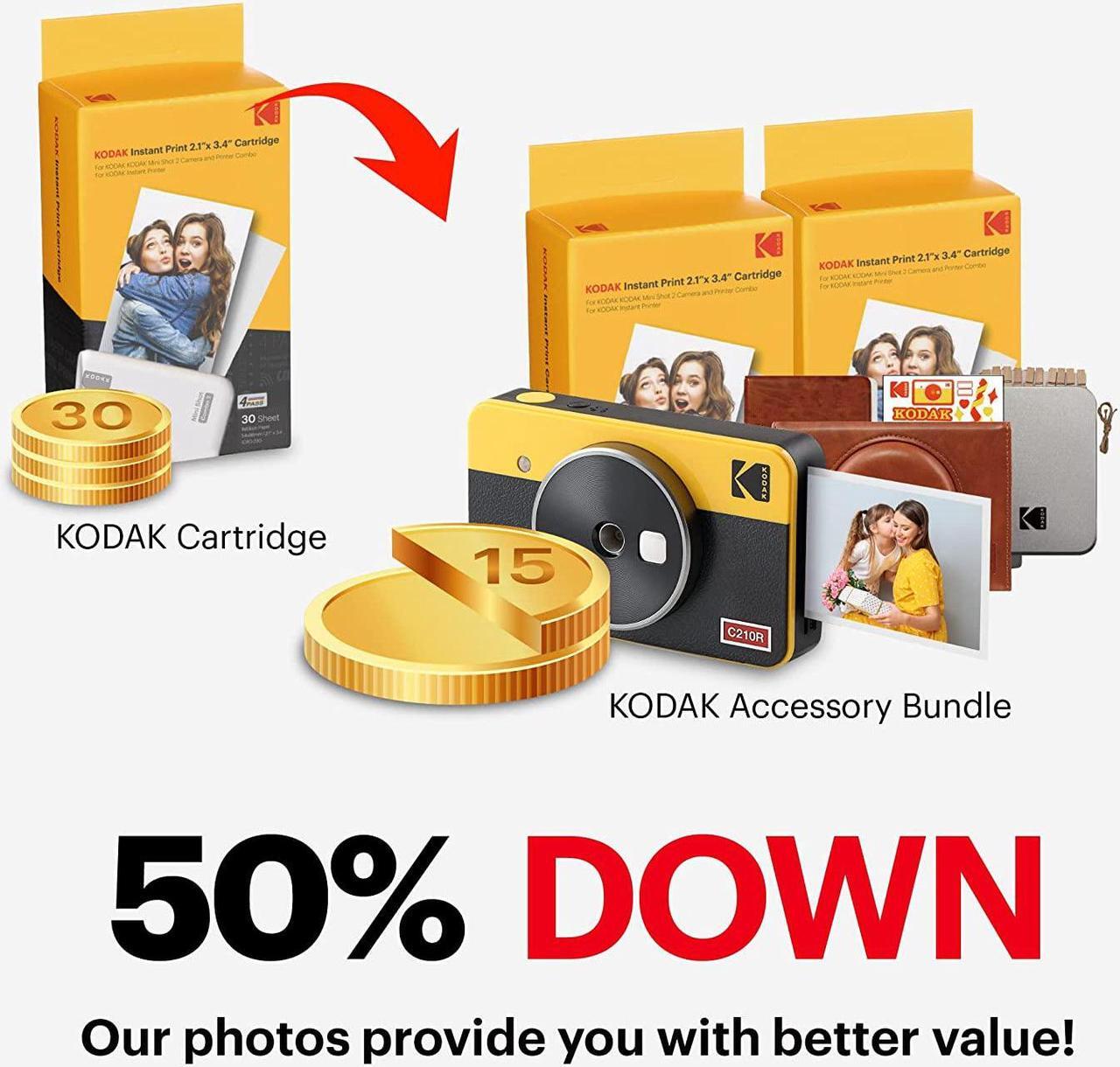 Alt view image 4 of 7 - KODAK Mini Shot 2 Retro 4PASS 2-in-1 Instant Digital Camera and Photo Printer (2.1x3.4 inches) + 68 Sheets Gift Bundle, White