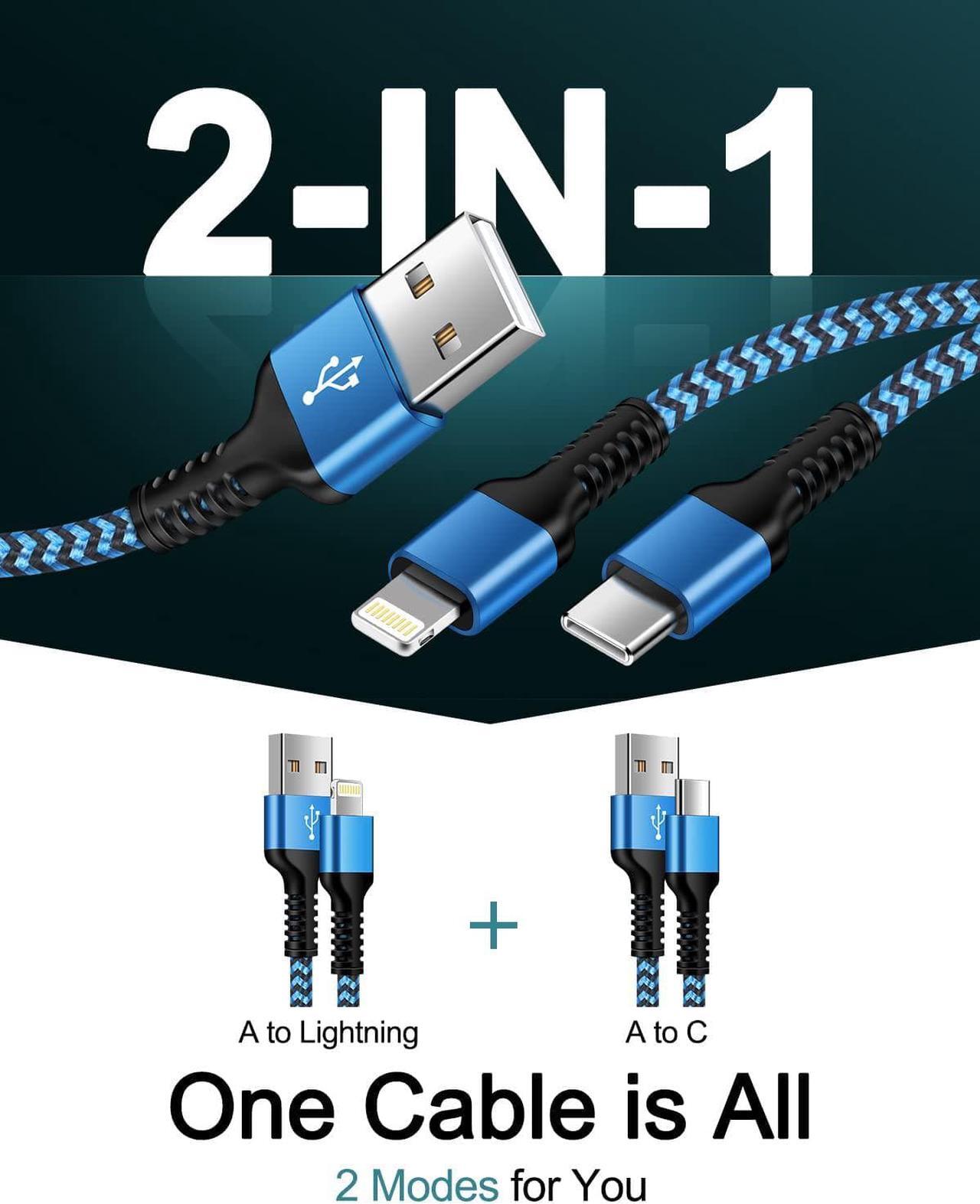 Alt view image 2 of 7 - 3Pack-4FT  & Android USB to Lightning & USB-C 2-in-1 Fast Charger Cable for iPhone 15 14 Pro Max Plus 13 12 11  Galaxy A14 A13 A23 Google Pixel 8 7 Pro 7a 6 Multi USBC Lighting USB Cord