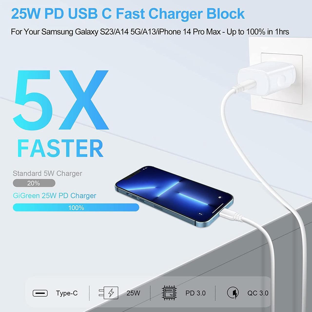 Alt view image 2 of 7 - 25W Samsung Fast Charging Block Android Phone Charger USB C Wall Outlet Plug Adapter for Samsung Galaxy A16 5G/A54/A15/A35/A14/S24 S23Ultra/A55/A03s/A23/A13/Z Flip6,iPhone 16/15/14,Pixel 9 Pro XL/8a/7
