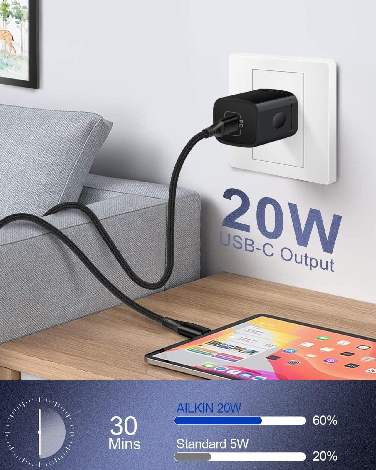 Alt view image 6 of 7 - 20W PD USB C Wall Charger Adapter [60W/6FT] USB Type C to USB-C Cable, Fast Charging 3.0 Block Plug Cube Brick Box, Android USBC to C Phone Power Charger Cord for Samsung Galaxy Google Pixel iPhone 15
