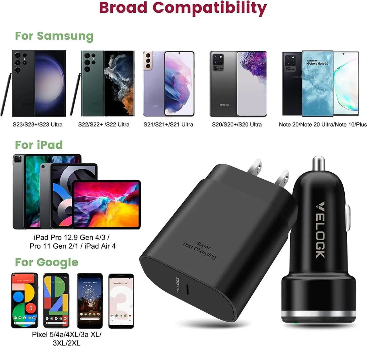 Alt view image 4 of 7 - Super Fast Charger Type C Kit, VELOGK 25W PD PPS USB C Wall/Car Charger for Samsung Galaxy S25/S24/S23 Ultra/S23+/S23/S22/S21/S20/Plus/Note 20/A71, iPad Pro, with 2X Nylon USB C-to-C Cable(3.3ft)