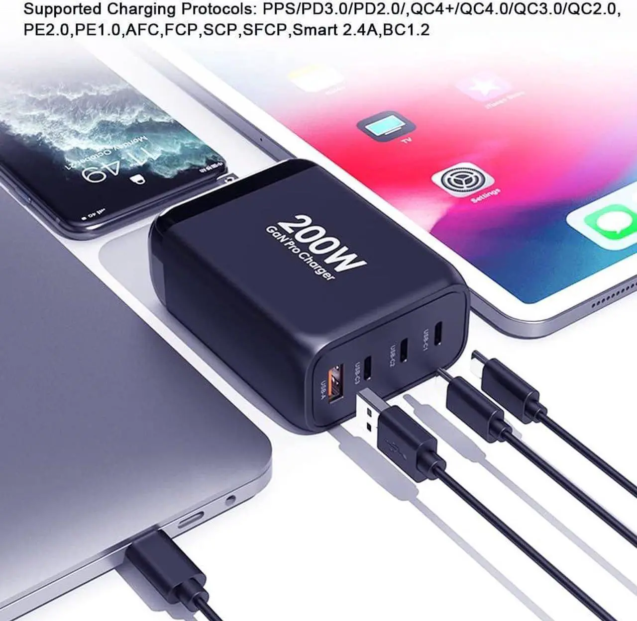 Alt view image 3 of 6 - 200W USB C Wall Charger Station, Aftertop GaN PD 100W QC 60W PPS45W Super Fast Charging Laptop Power Adapter with 5A Cable for iPhone 14 Plus 13 Pro Max MacBook iPad Samsung Pixel and More