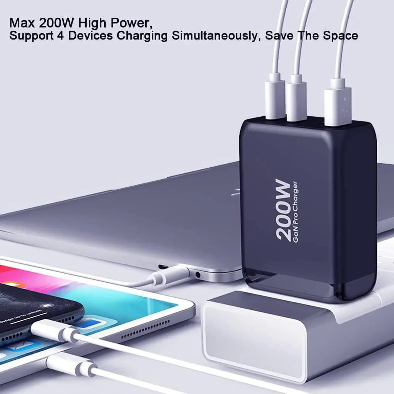 Alt view image 4 of 6 - 200W USB C Wall Charger Station, Aftertop GaN PD 100W QC 60W PPS45W Super Fast Charging Laptop Power Adapter with 5A Cable for iPhone 14 Plus 13 Pro Max MacBook iPad Samsung Pixel and More