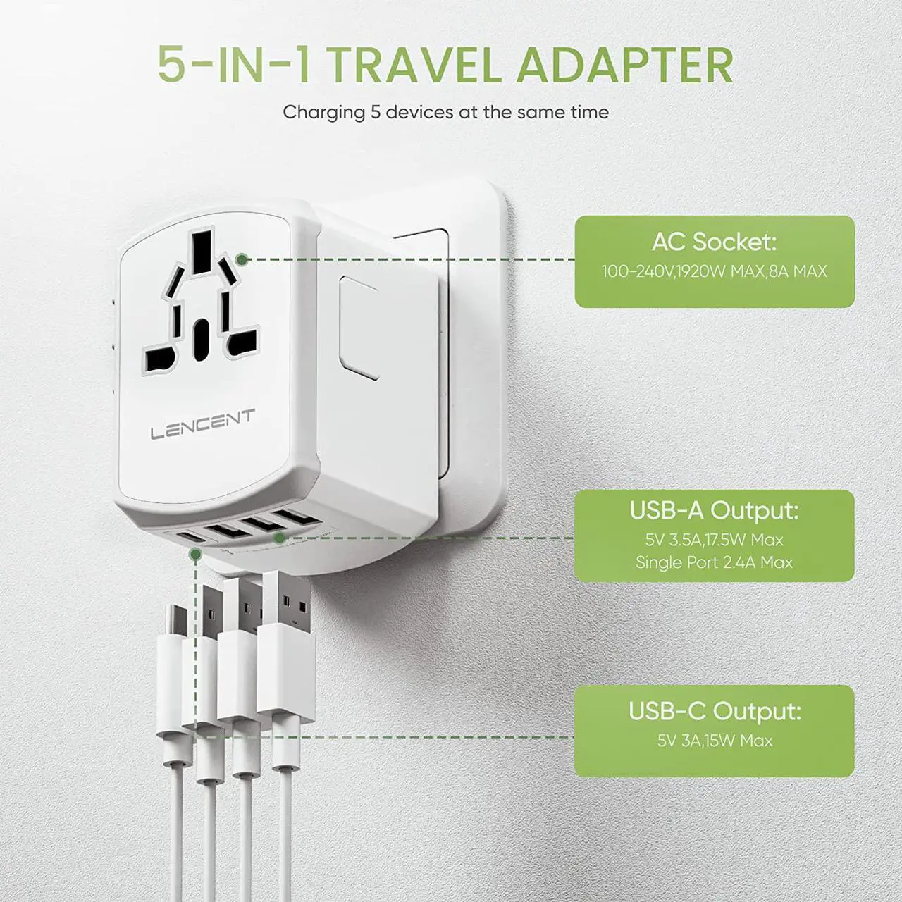 Alt view image 3 of 7 - LENCENT Universal Travel Adapter, International Charger with 3 USB Ports and Type-C PD Fast Charging Adaptor for iPhone, Samsung, Tablet, Gopro. for Over 200 Countries (White)