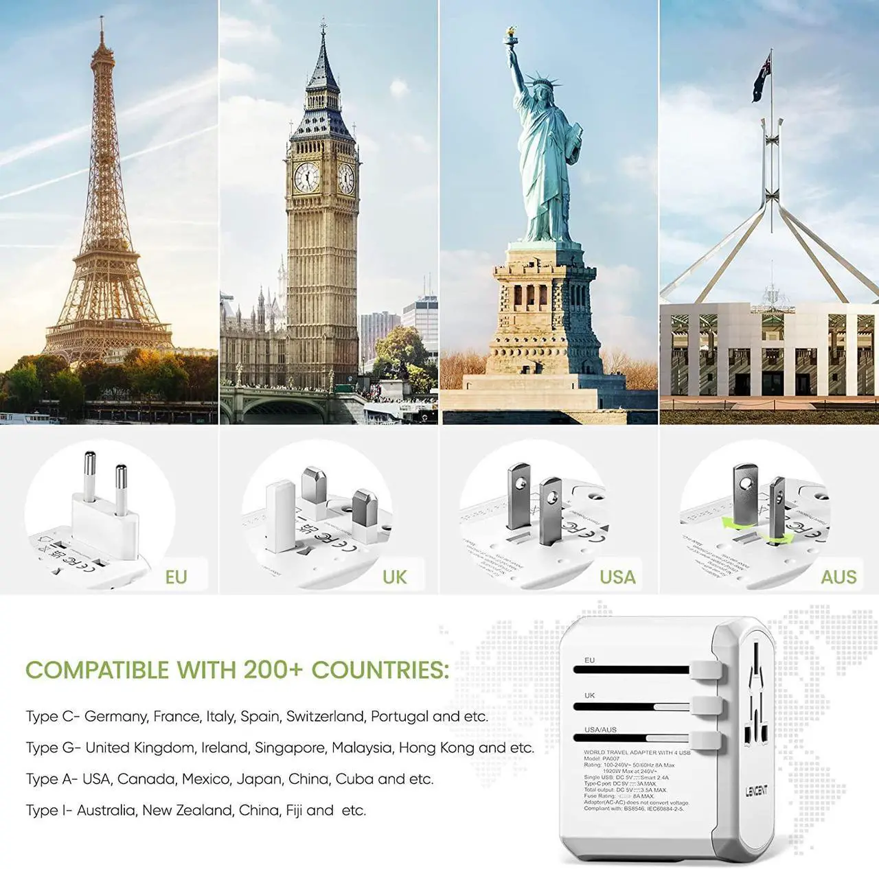 Alt view image 4 of 7 - LENCENT Universal Travel Adapter, International Charger with 3 USB Ports and Type-C PD Fast Charging Adaptor for iPhone, Samsung, Tablet, Gopro. for Over 200 Countries (White)
