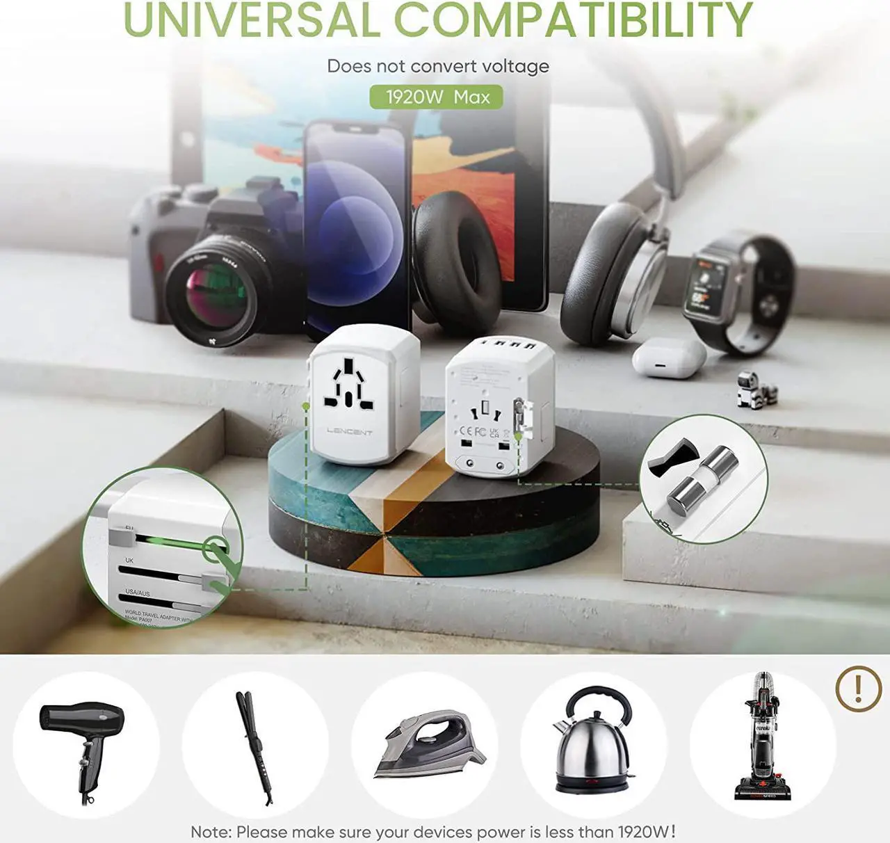 Alt view image 5 of 7 - LENCENT Universal Travel Adapter, International Charger with 3 USB Ports and Type-C PD Fast Charging Adaptor for iPhone, Samsung, Tablet, Gopro. for Over 200 Countries (White)