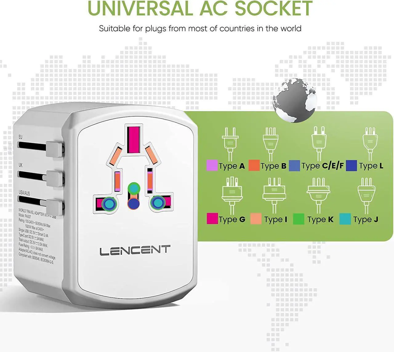 Alt view image 2 of 7 - LENCENT Universal Travel Adapter, International Charger with 3 USB Ports and Type-C PD Fast Charging Adaptor for iPhone, Samsung, Tablet, Gopro. for Over 200 Countries (White)